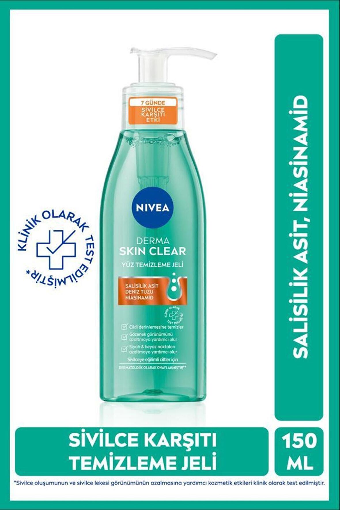 Nivea Derma Skin Clear Sivilce Karşıtı Yüz Temizleme Jeli 150ml, Gözenek Arındırıcı, Yağlı ve Karma Cilt