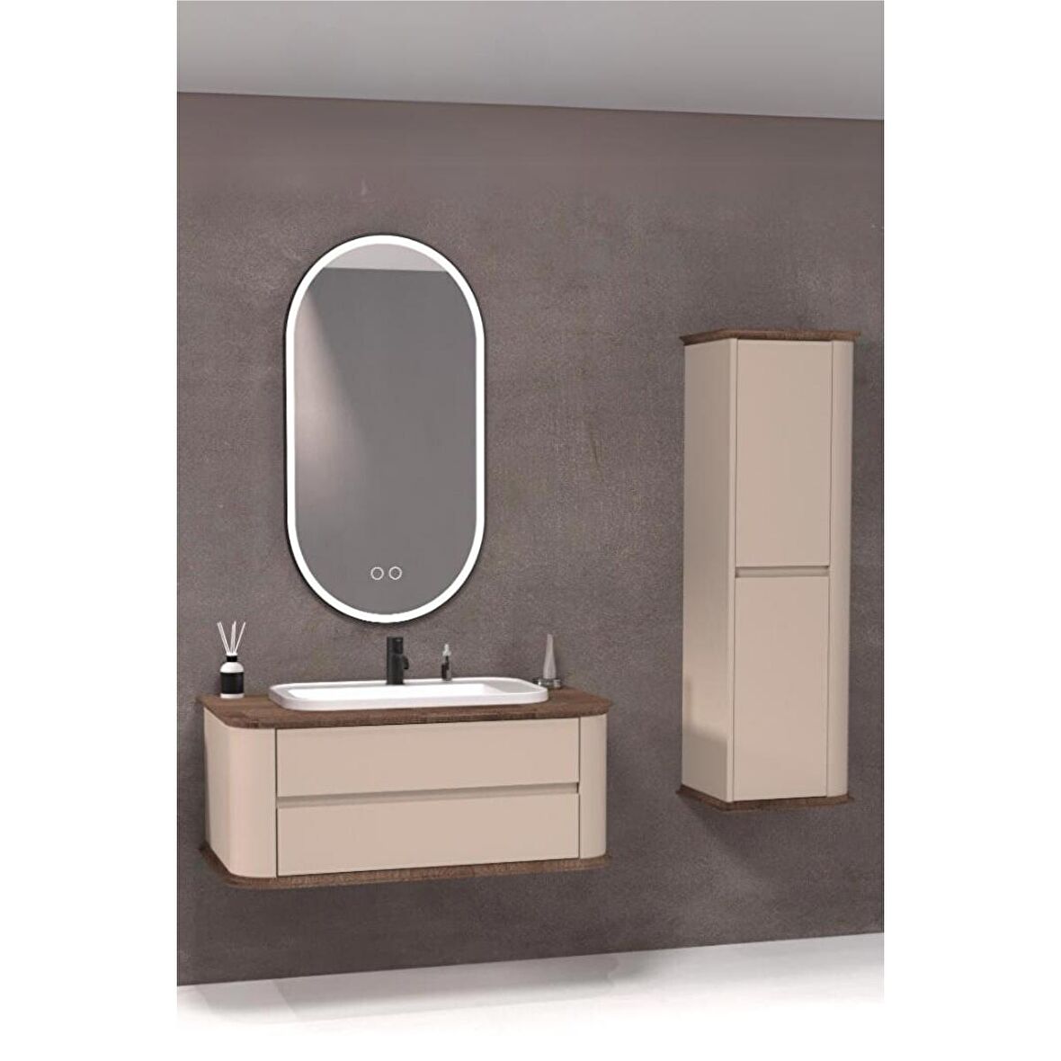PIER 100 CM BEYAZ LAVABOLU BANYO DOLABI VİZON / KAYIN - BOY DOLAP DAHİL