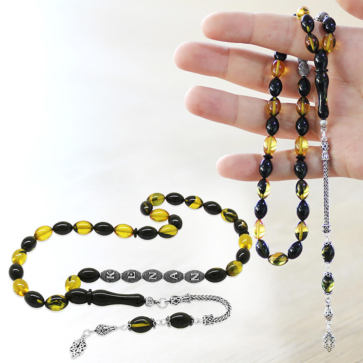 925 Ayar Gümüş Püsküllü Arpa Kesim Gümüş İsim Yazılı Sarı-Siyah Ateş Kehribar Tesbih