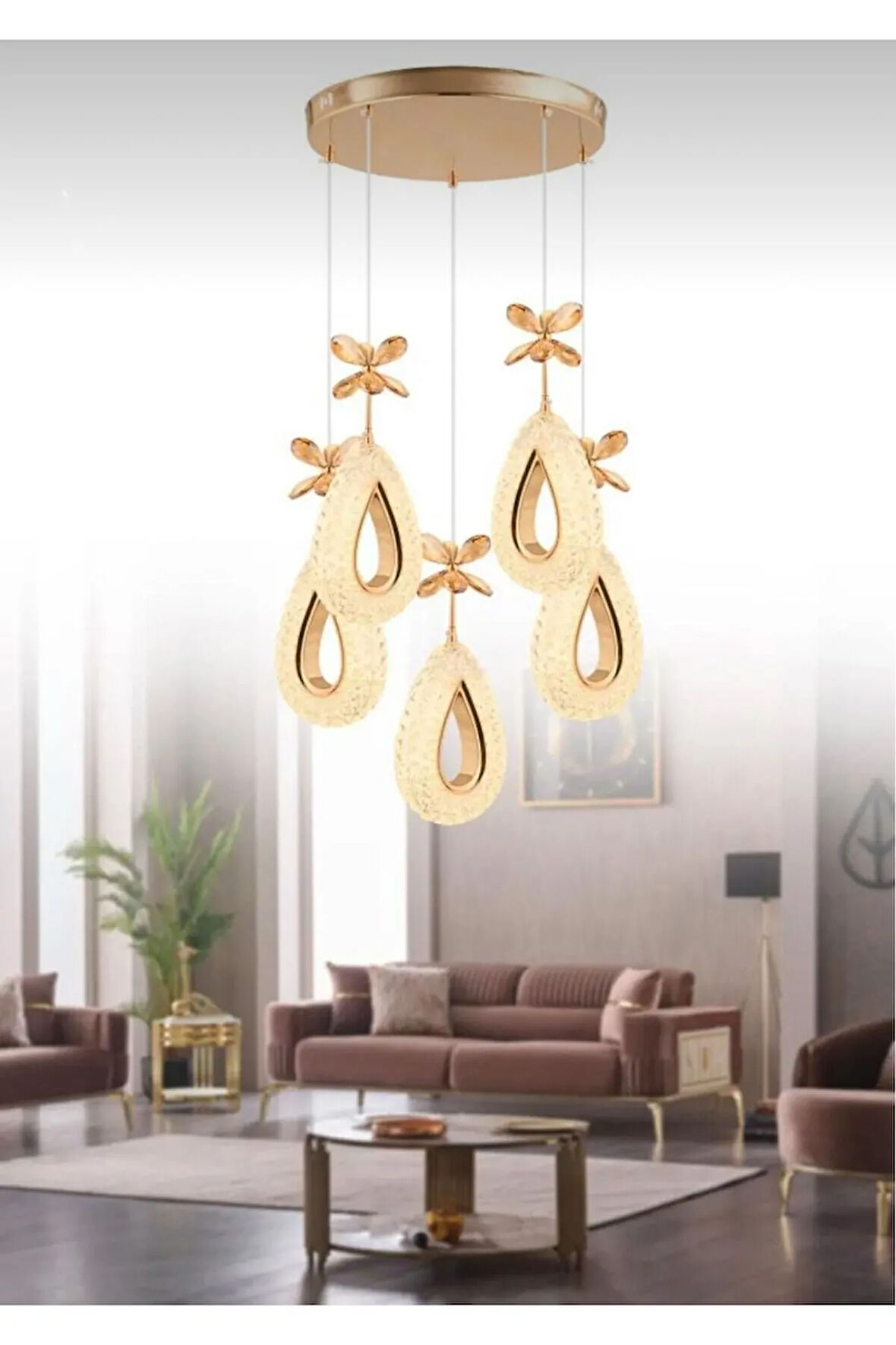 Damla Model 5'li Gold 3 Renk Modu Ledli Kristal Taşlı Modern Salon Mutfak Oturma Odası Led Avize
