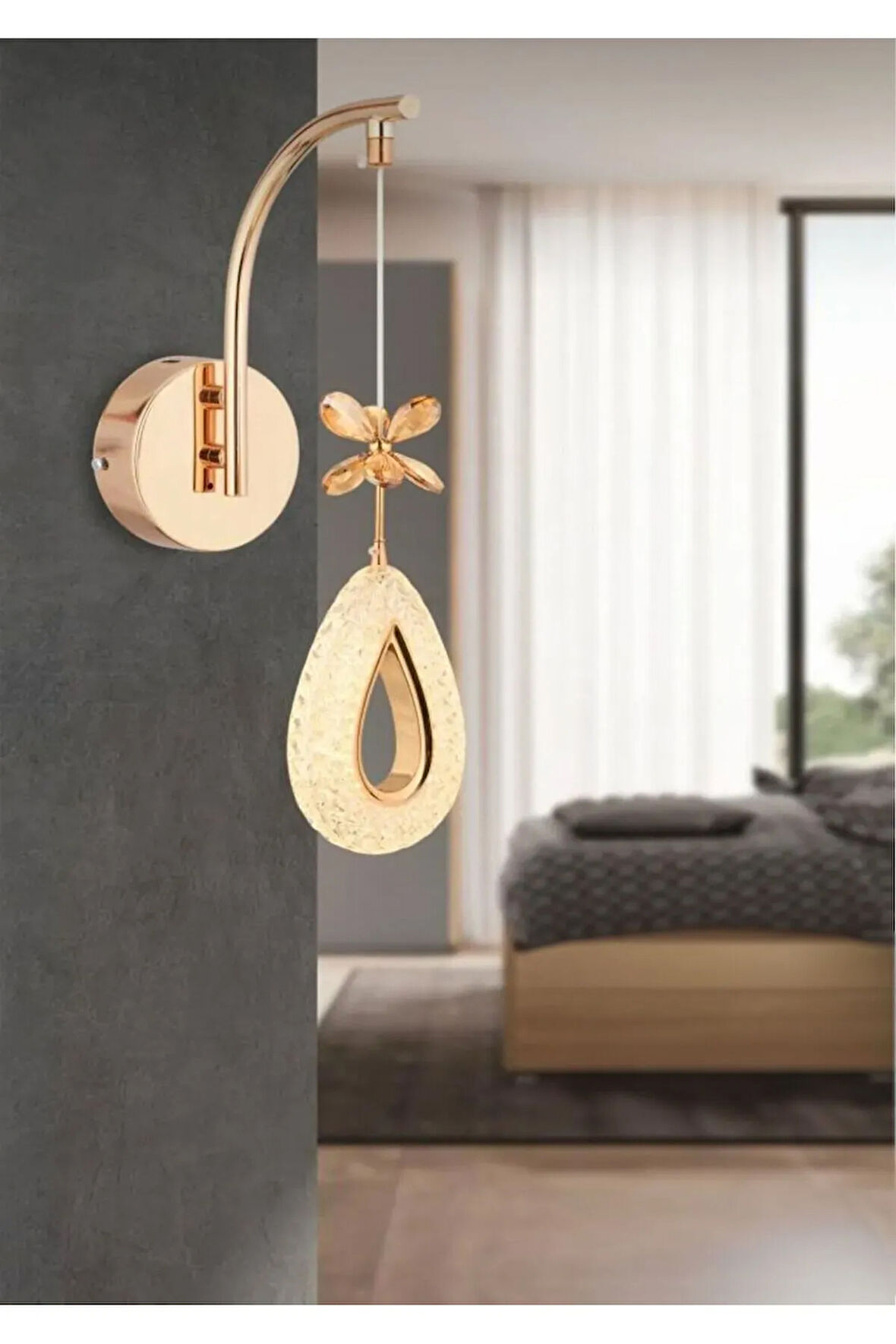 Damla Tekli Gold Kristal Taşlı 3 Renk Modu Aplik Avize