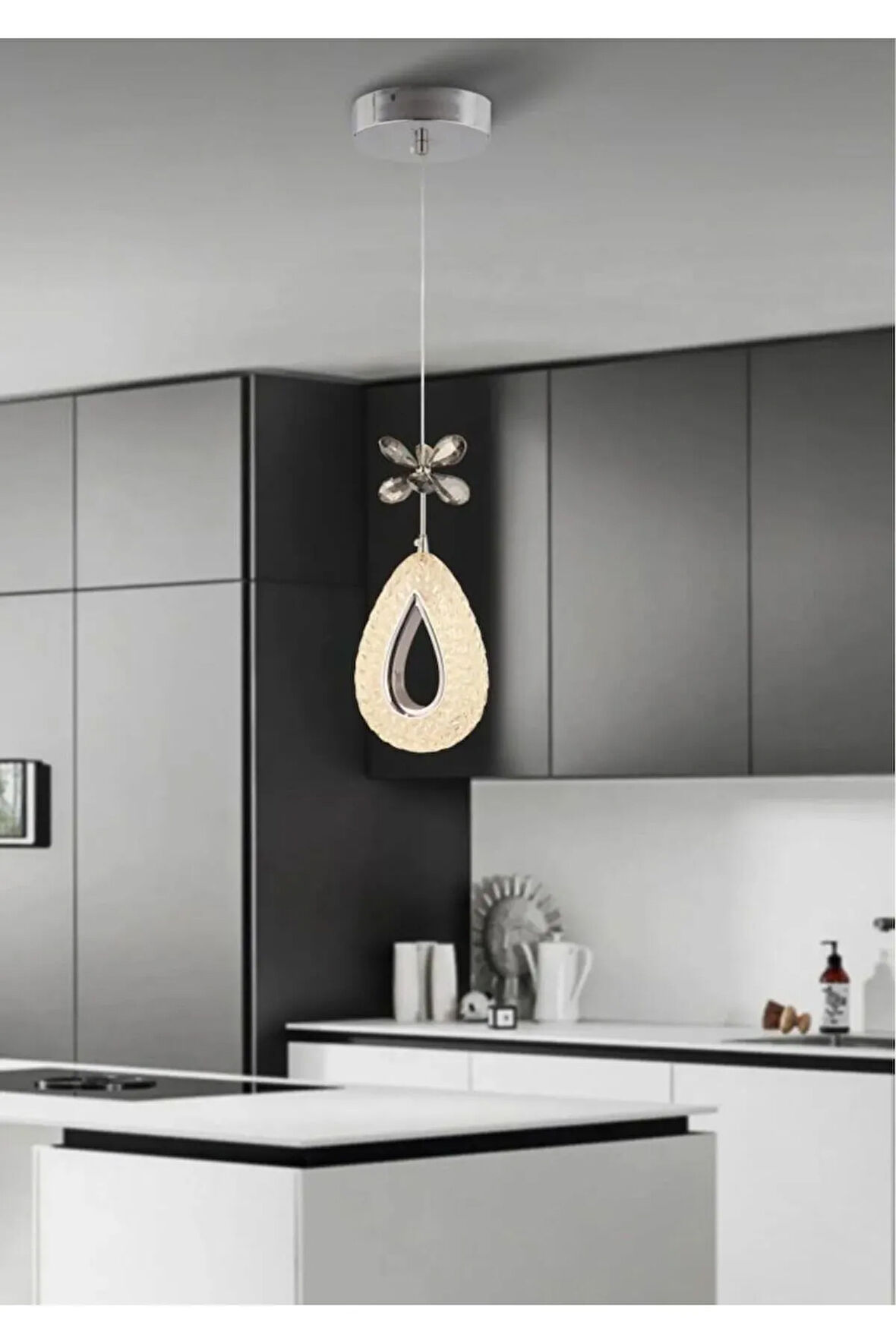 Damla Model Krom 3 Renk Modu Ledli Kristal Taşlı Modern Salon Mutfak Oturma Odası Led Avize