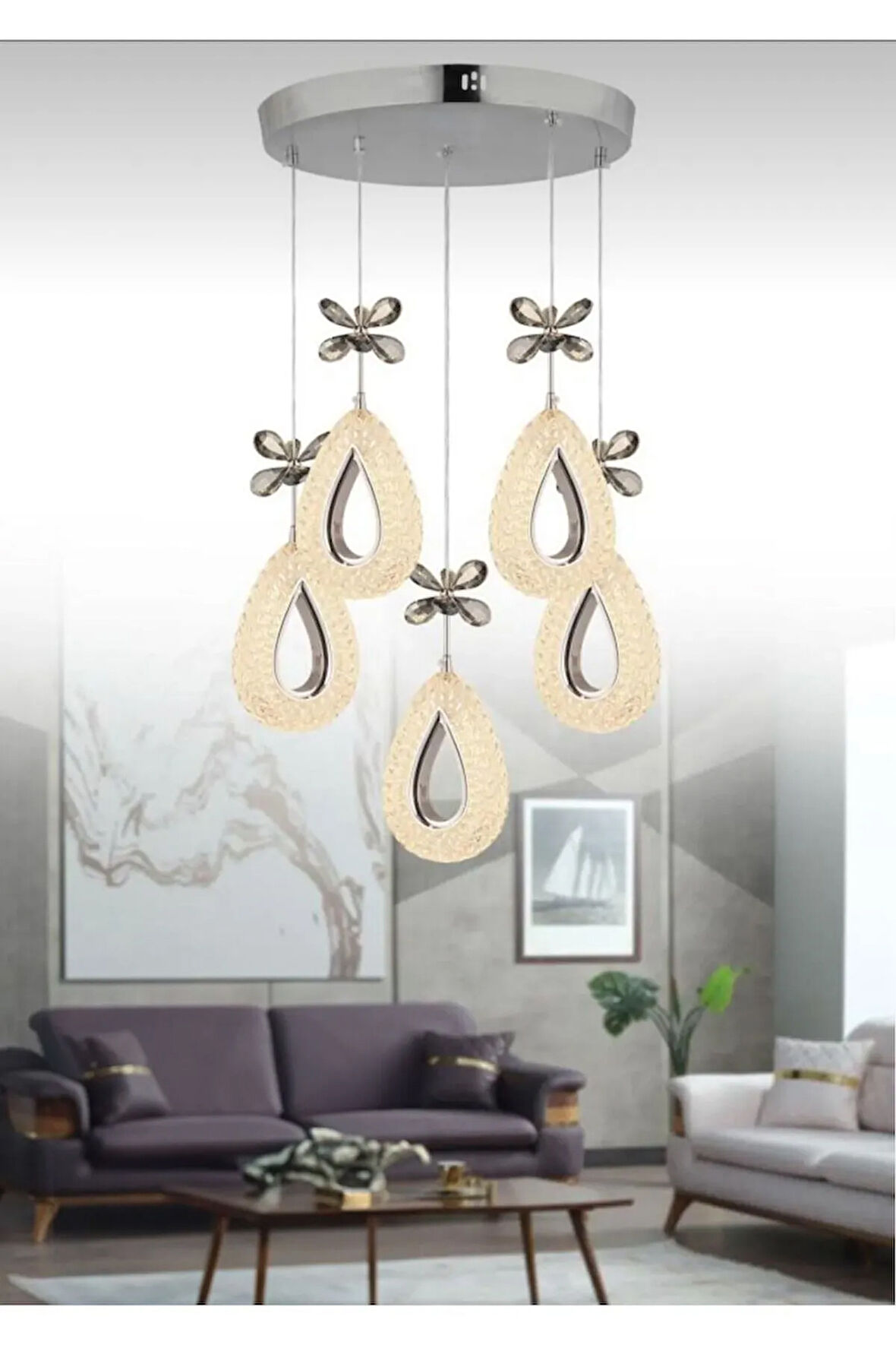 Damla Model 5'li Krom 3 Renk Modu Ledli Kristal Taşlı Modern Salon Mutfak Oturma Odası Led Avize