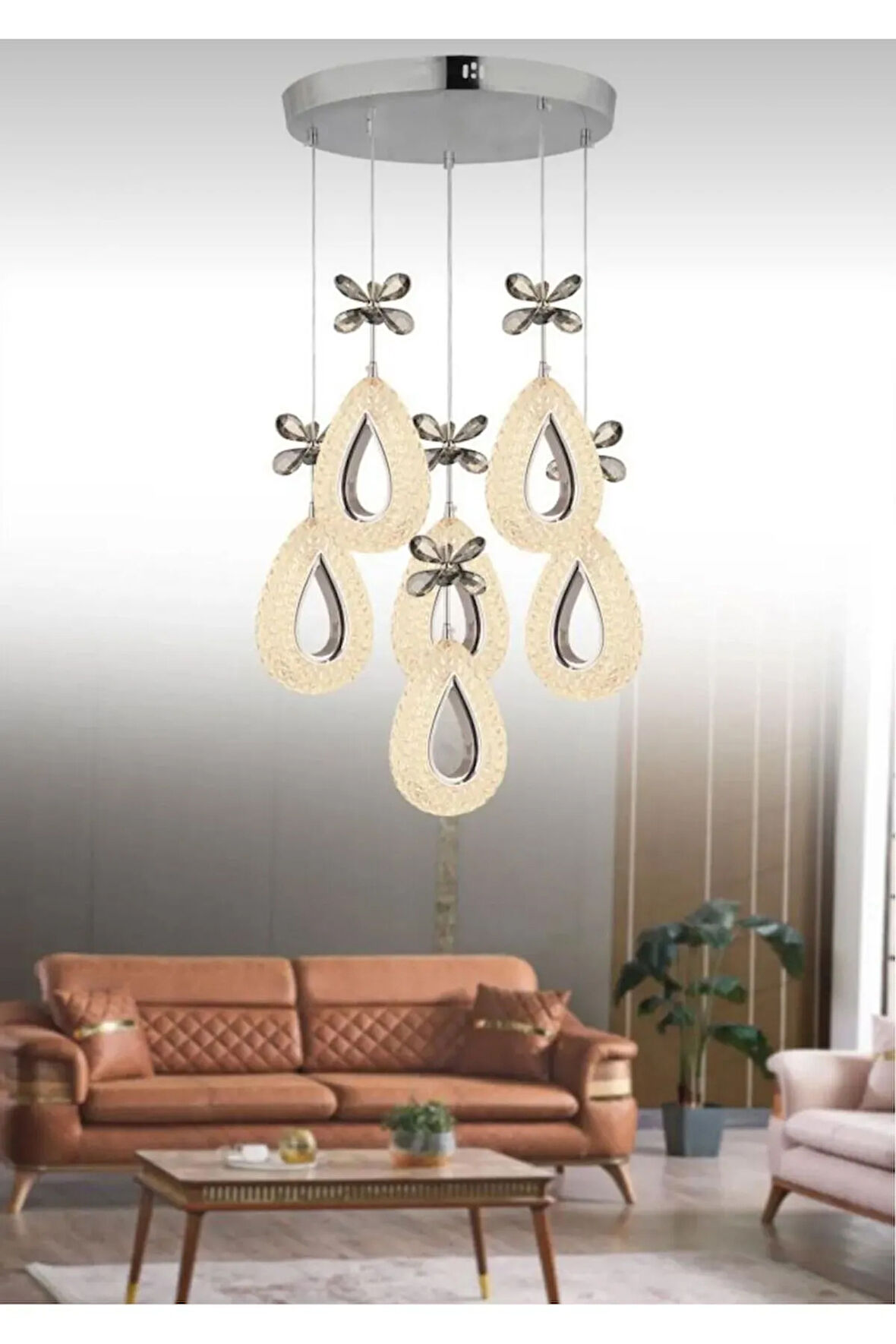 Damla Model 6'lı Krom 3 Renk Modu Ledli Kristal Taşlı Modern Salon Mutfak Oturma Odası Led Avize