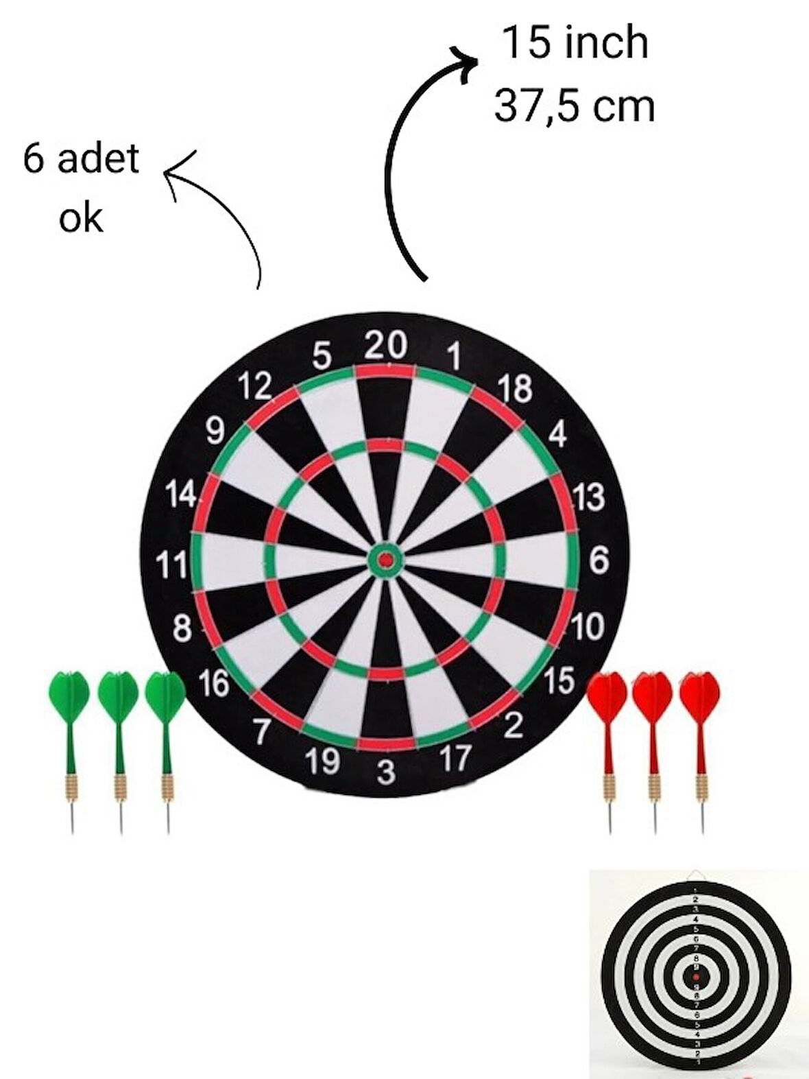 15 İnç Dart Tahtası  Büyük Boy Çift Taraflı Dart Oyun Seti 6 Oklu 
