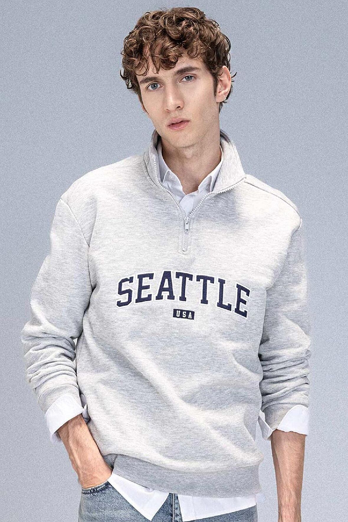 Relax Fit Fermuarlı Dik Yaka Baskılı Kalın Sweatshirt Kumaşı Sweatshirt