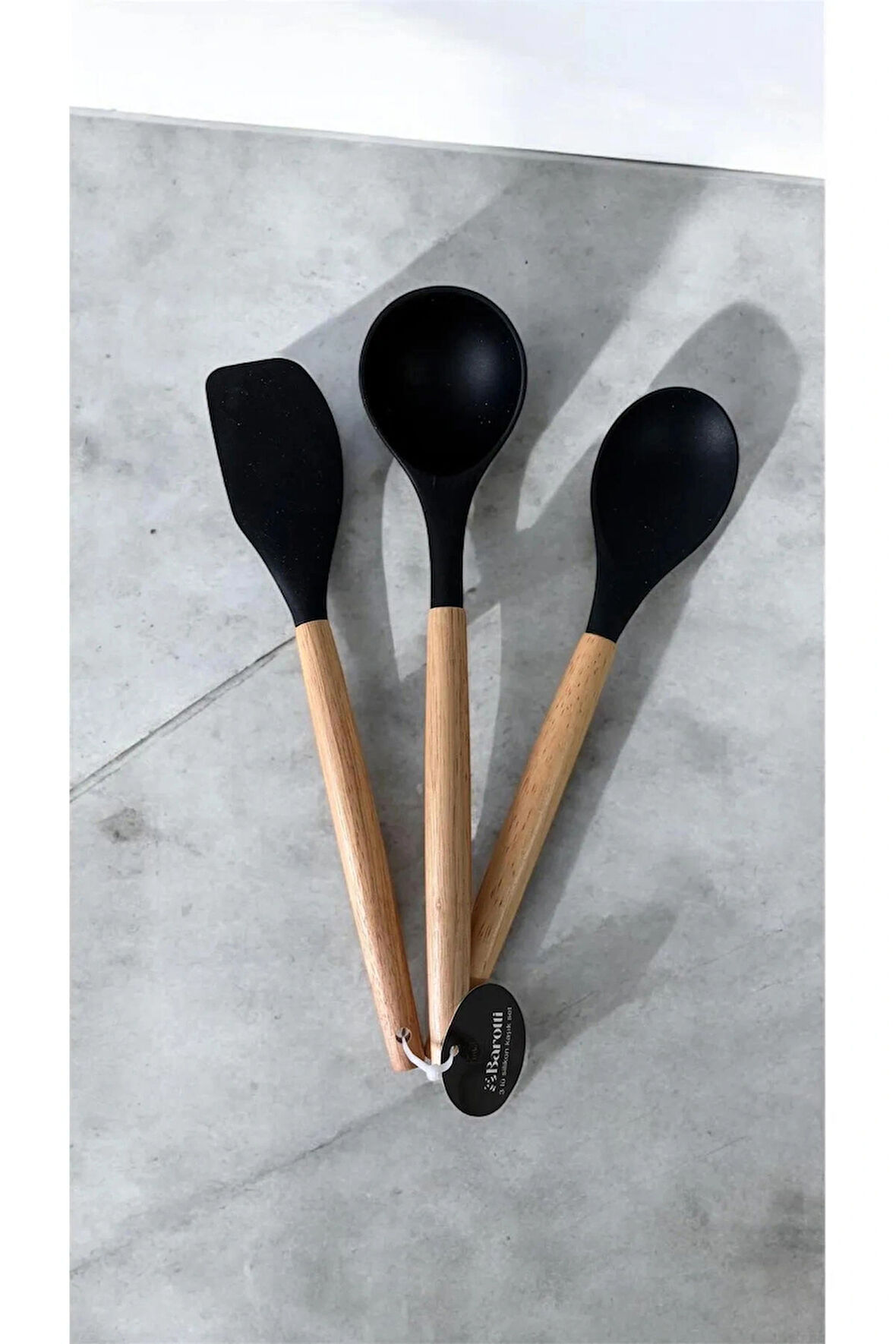 3 Lü Set Hakiki Bambu Saplı Silikon Kaşık Kepçe Spatula Seti
