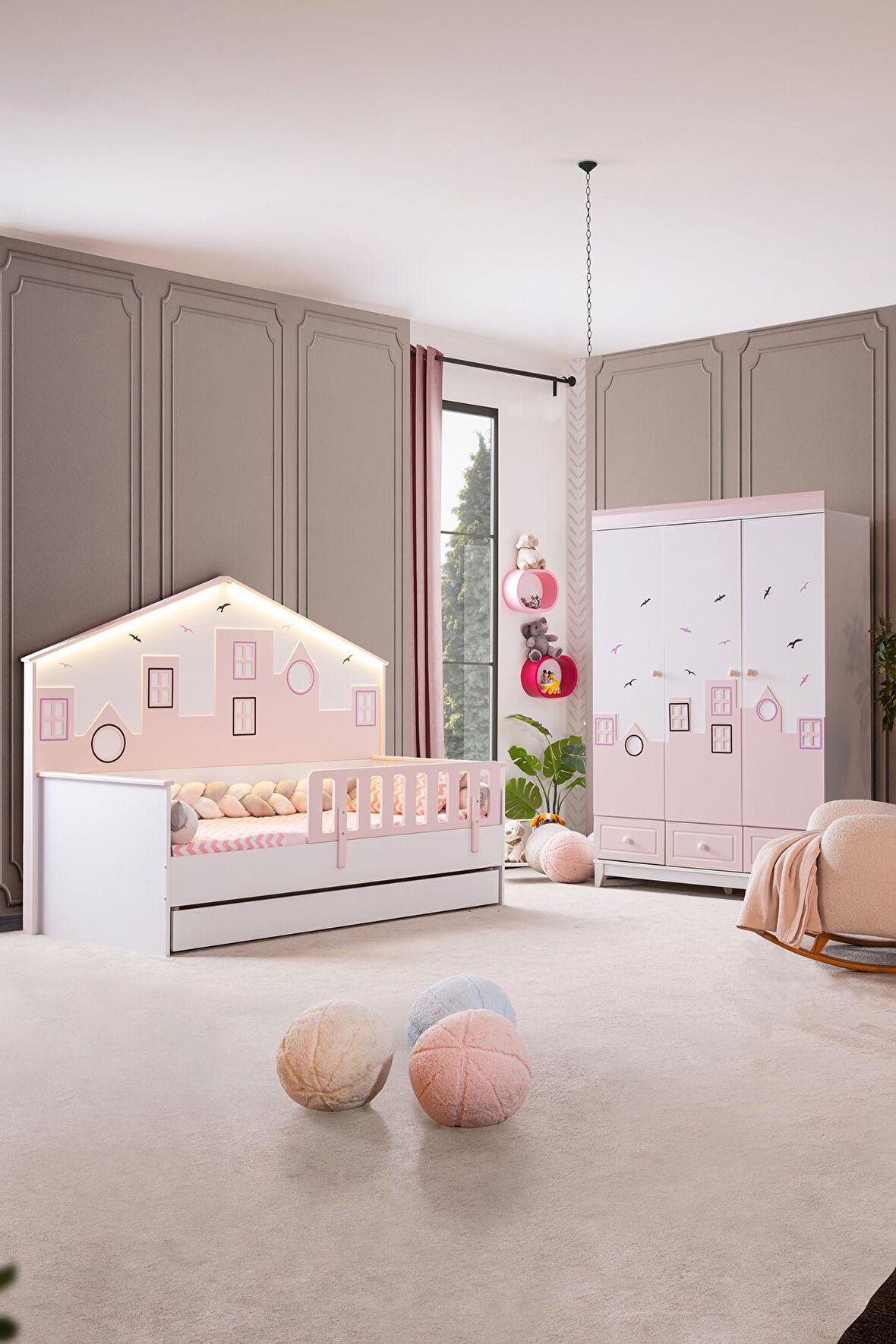 Montessori Çocuk Odası - City Montessori 3 Kapılı Dolap, Yavrulu Yatak - Pembe