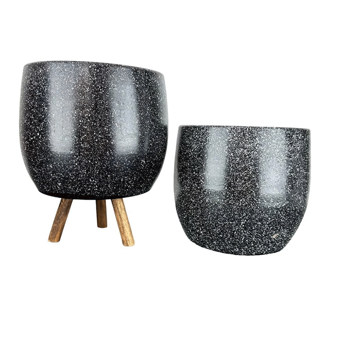Ev Dekorasyon Aksesuar Siyah Granit Toprak Saksı Saksılık Salon Çiçeklik İkili Set Ayaksız - 3 Ayaklı- 19 CM