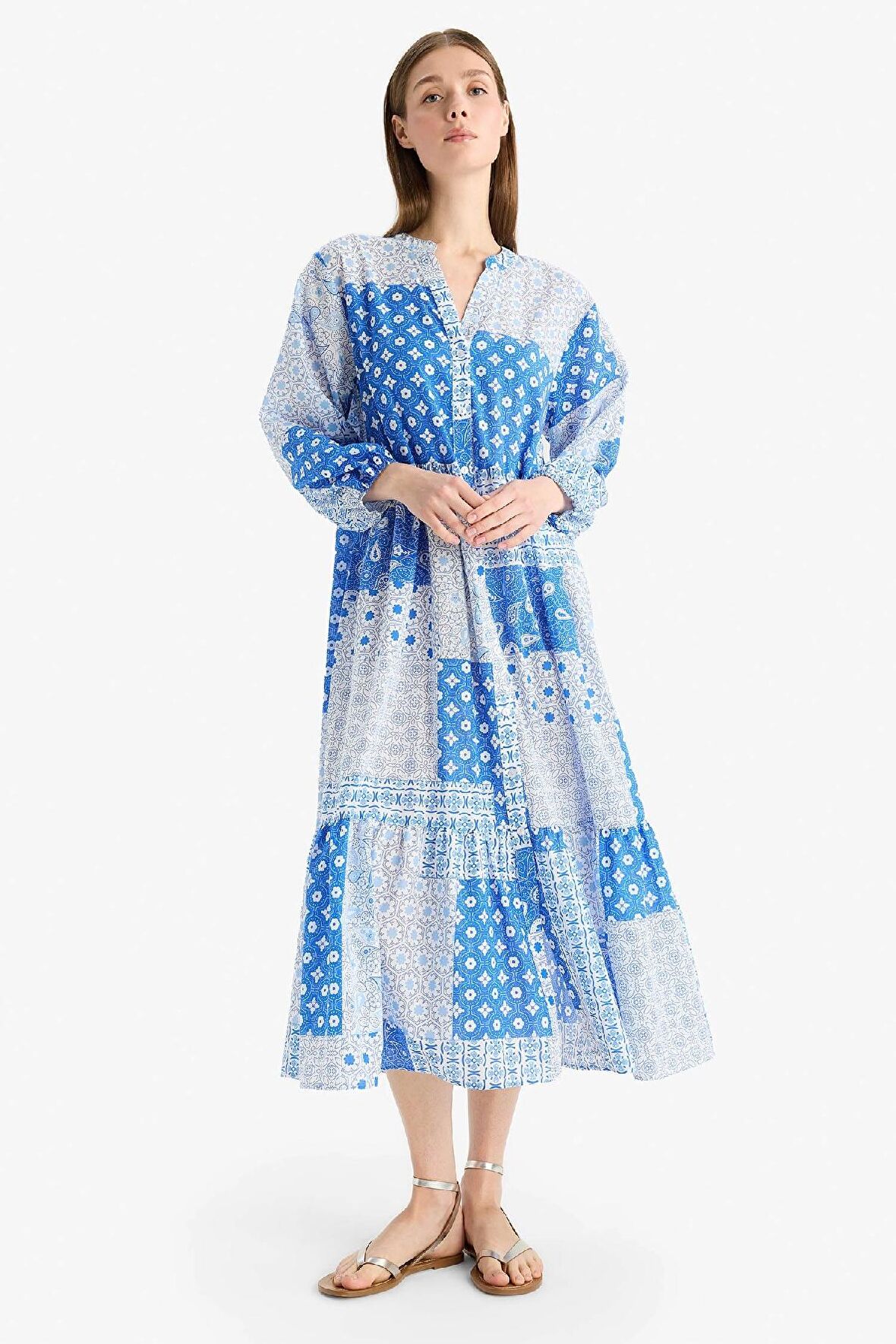 DeFacto Tropikal Desenli Uzun Kollu Vual Plaj Elbisesi-Fall in Love E7745AX25SPBE781