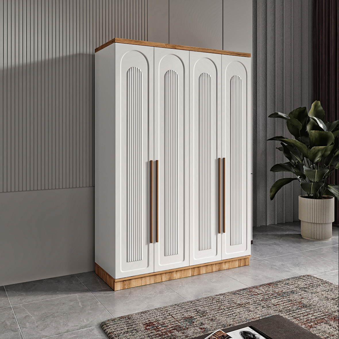 Ücretsiz Montaj - 100% MDF Flora 4 Kapaklı Beyaz Gardırop - MDF Dolap - Elbise Dolabı