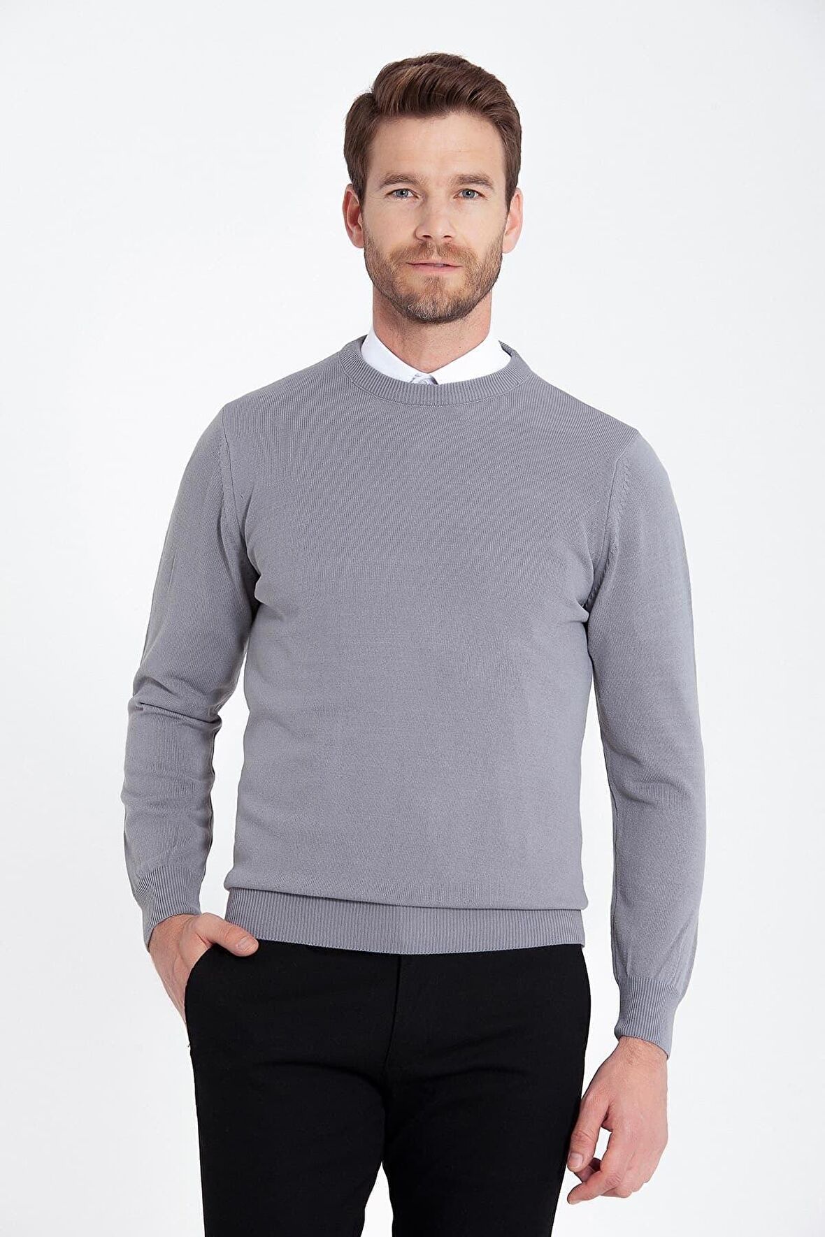 Gri Bisiklet Yaka Triko Kazak | XL