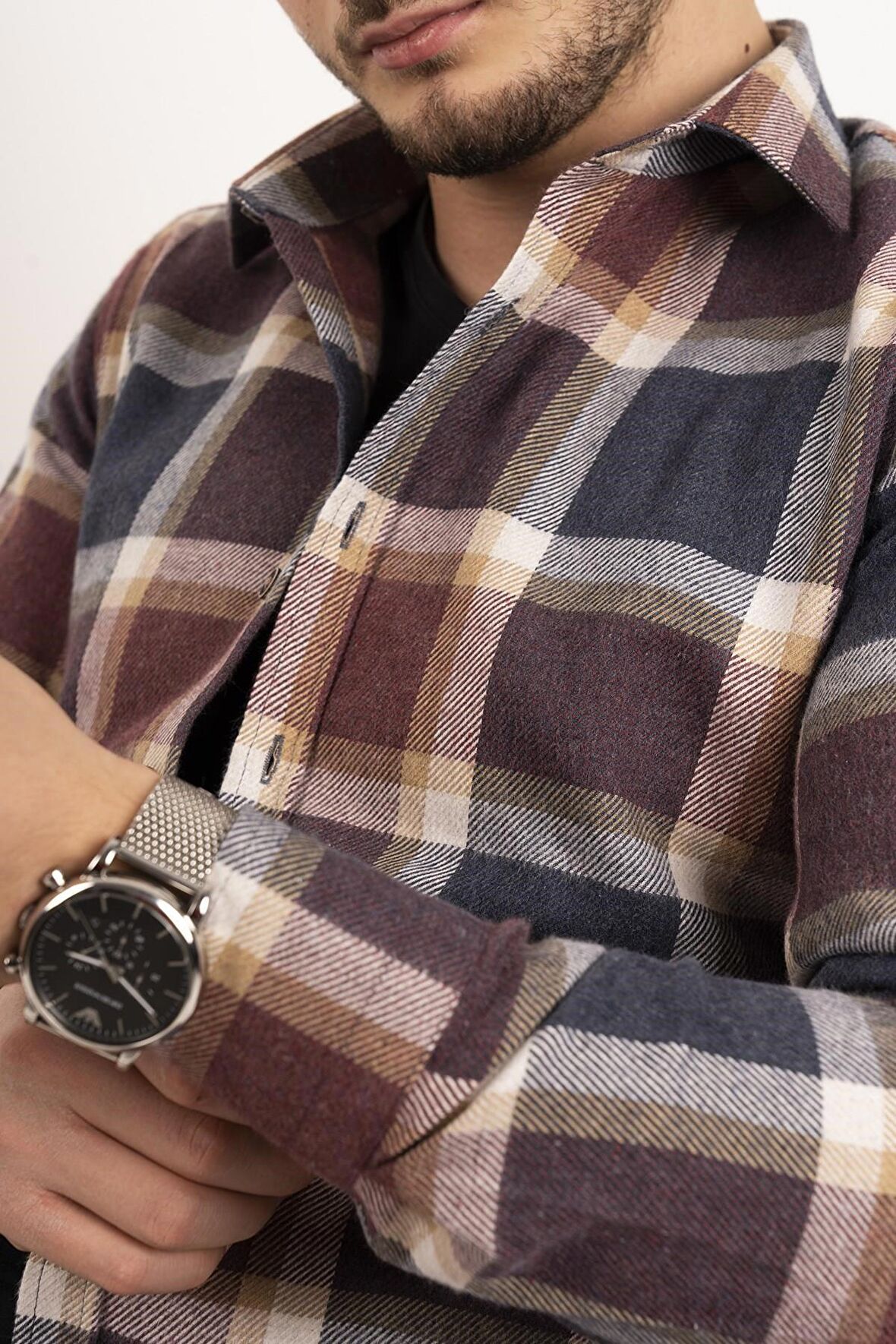 Lacivert Bordo Kareli Kışlık Oduncu Gömlek