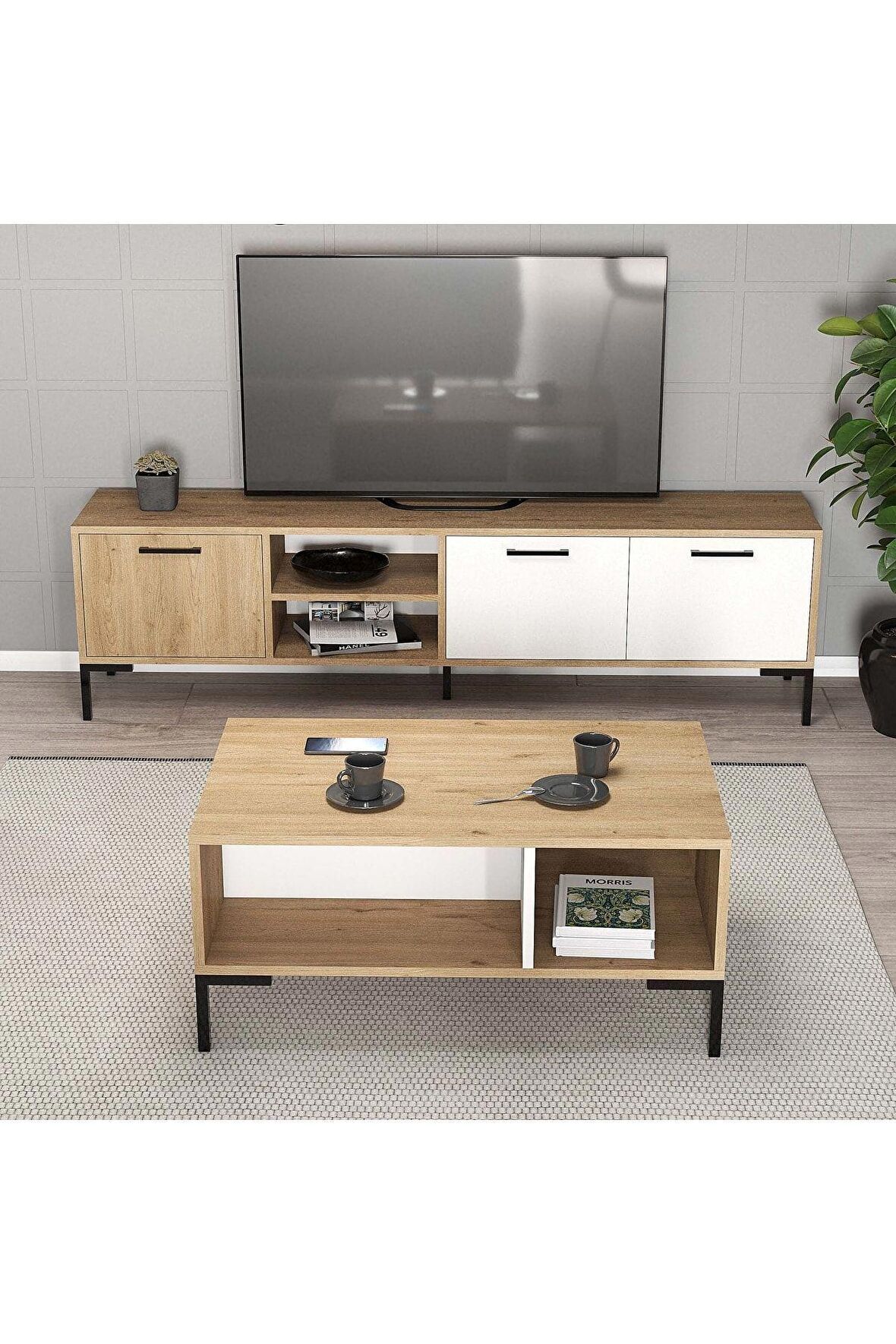 Set 1594-2084 Aurora 180 Cm Metal Ayaklı Tv Ünitesi + Aurora Orta Sehpa - Sepet-beyaz