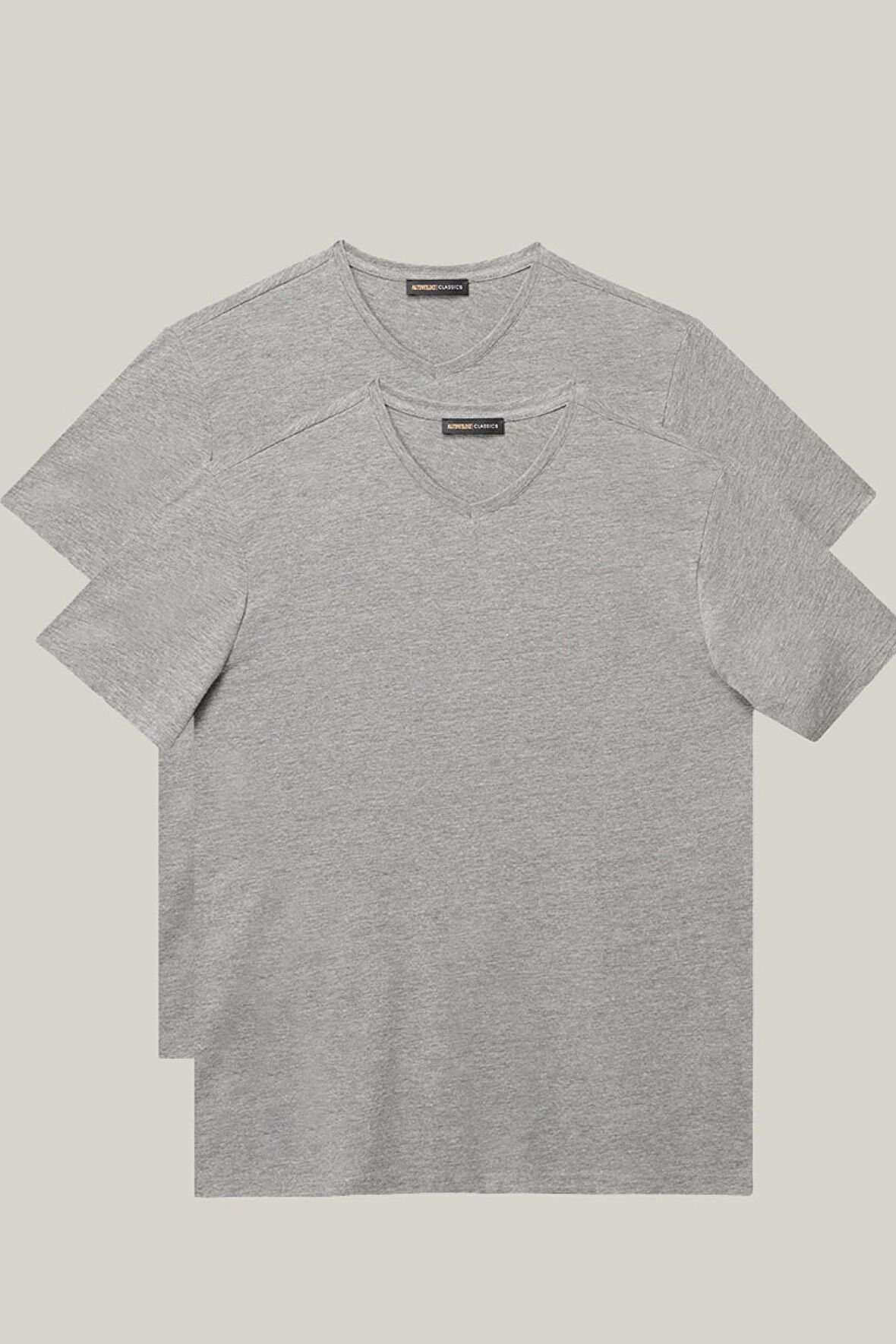 Erkek Gri Slim Fit Dar Kesim V Yaka 2'li Tişört Paketi