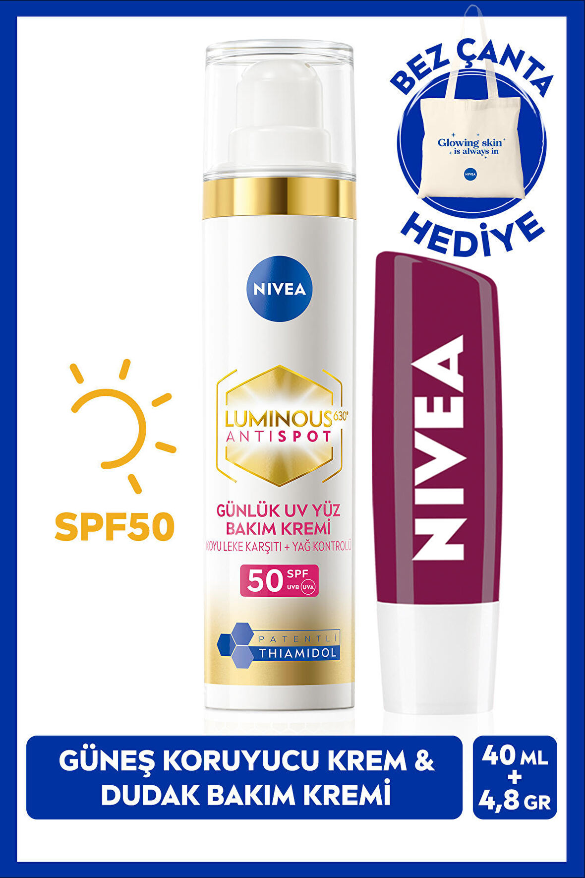 NIVEA Luminous630 Thiamidol Etkili Leke Karşıtı Gündüz Kremi 40ml ve Böğürtlen Nemlendirici Dudak Kremi, Çanta Hediye
