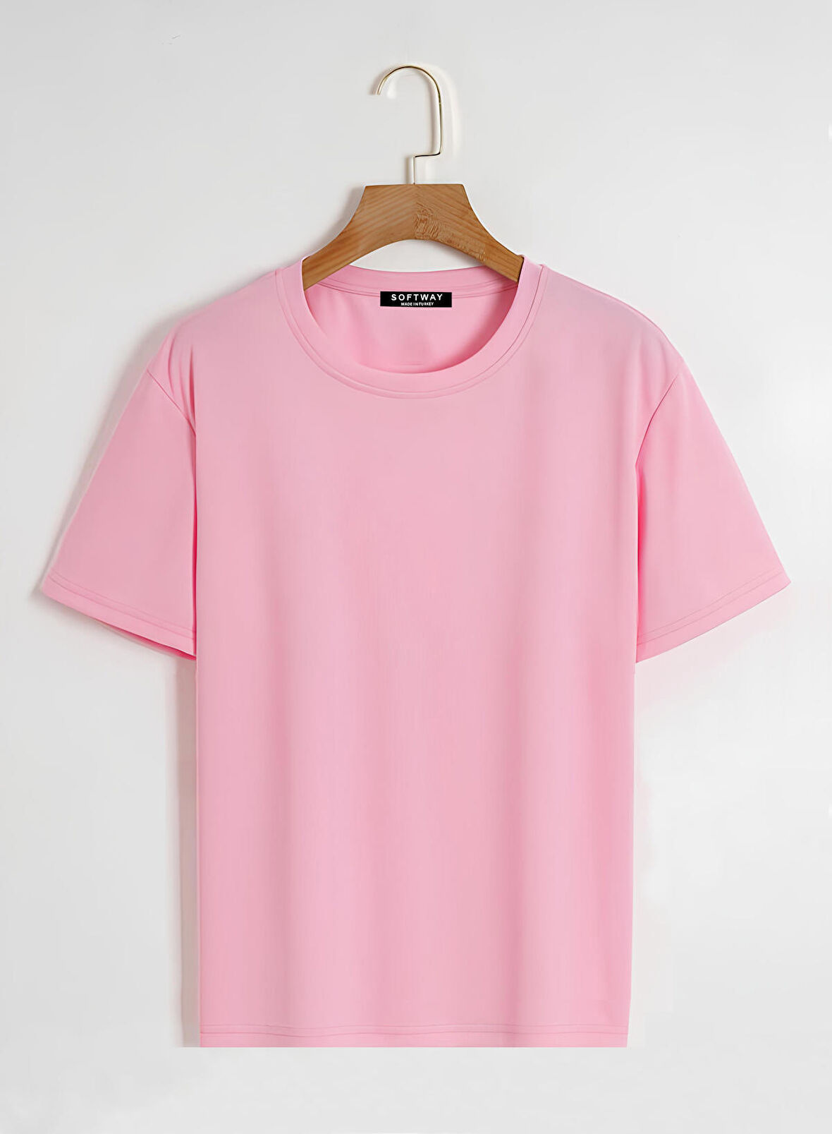 Unisex Oversize Bisiklet Yaka Düz Basic T-Shirt - PEMBE