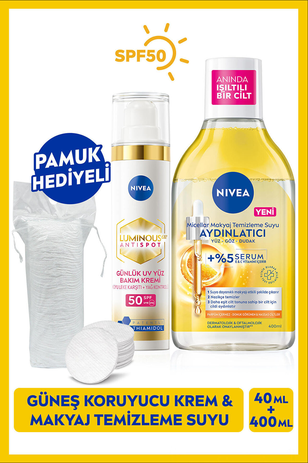 NIVEA Luminous630 Thiamidol Etkili Leke Karşıtı Gündüz Yüz Kremi 40ml ve Aydınlatıcı Micellar Makyaj Temizleme Suyu 400 ml