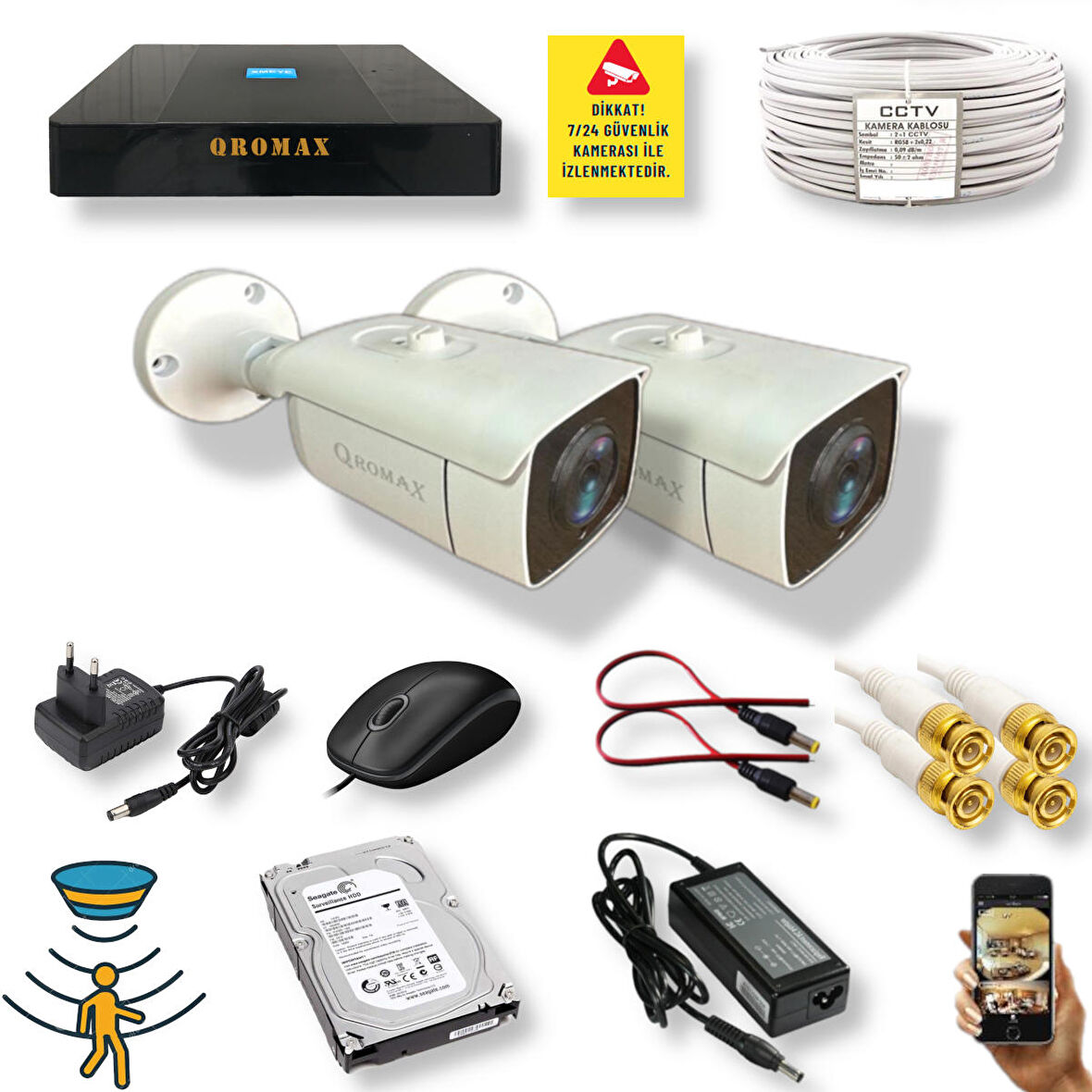 2 Kamerali Set - Hareket Algılayan Gece Görüşlü 24 Smd Led 5MP Sony Lensli 1080P Full HD Metal Kasa Güvenlik Kamerasi Seti 6224