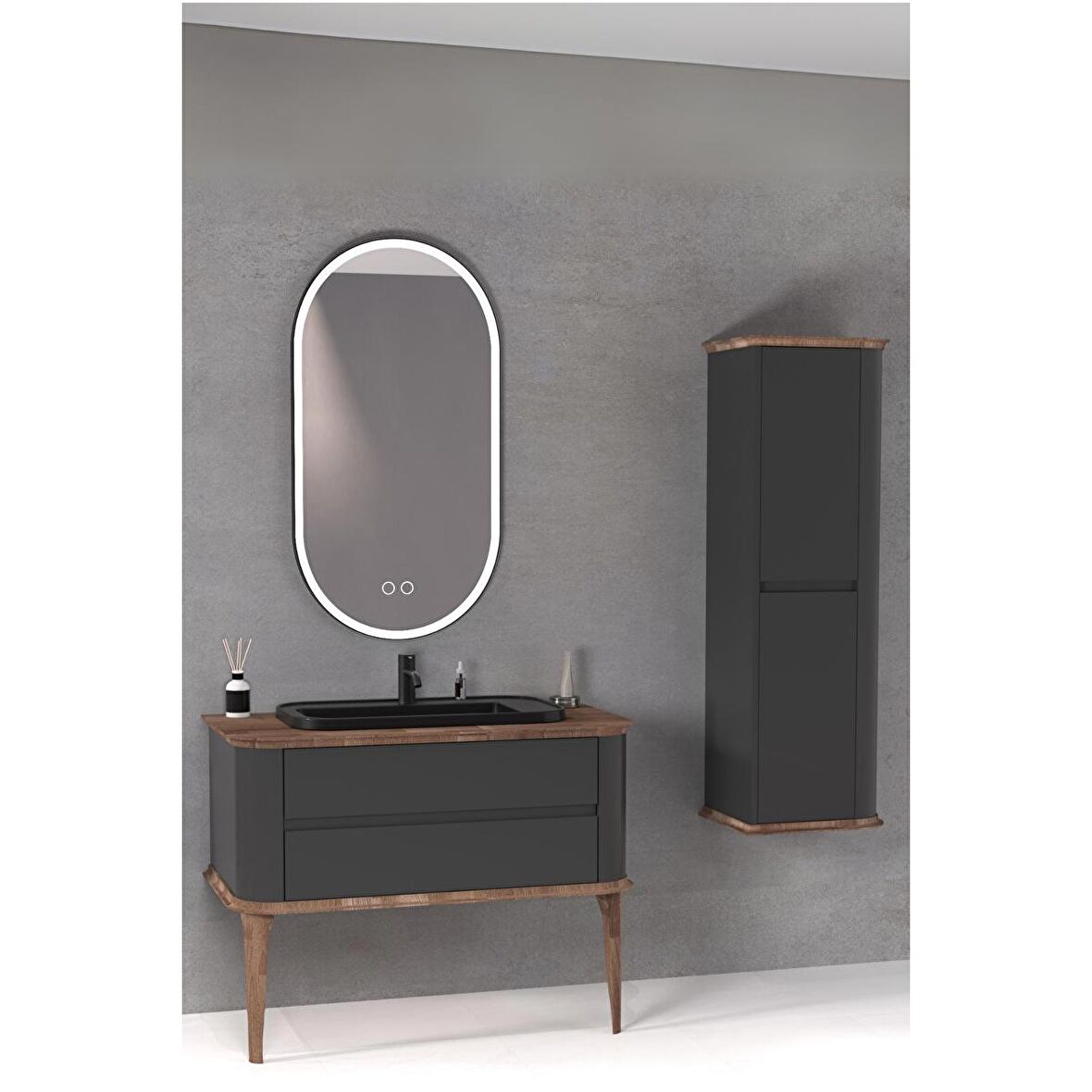 PIER 100 CM SİYAH LAVABOLU BANYO DOLABI ANTRASİT / KAYIN - BOY DOLAP DAHİL