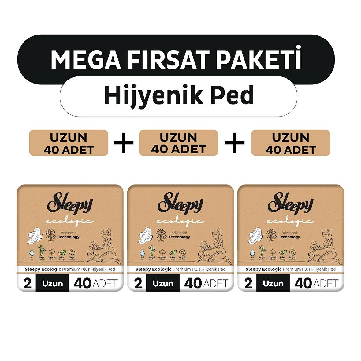 Sleepy Ecologic Premium Plus Hijyenik Ped Mega Fırsat Paketi Uzun 120 Adet