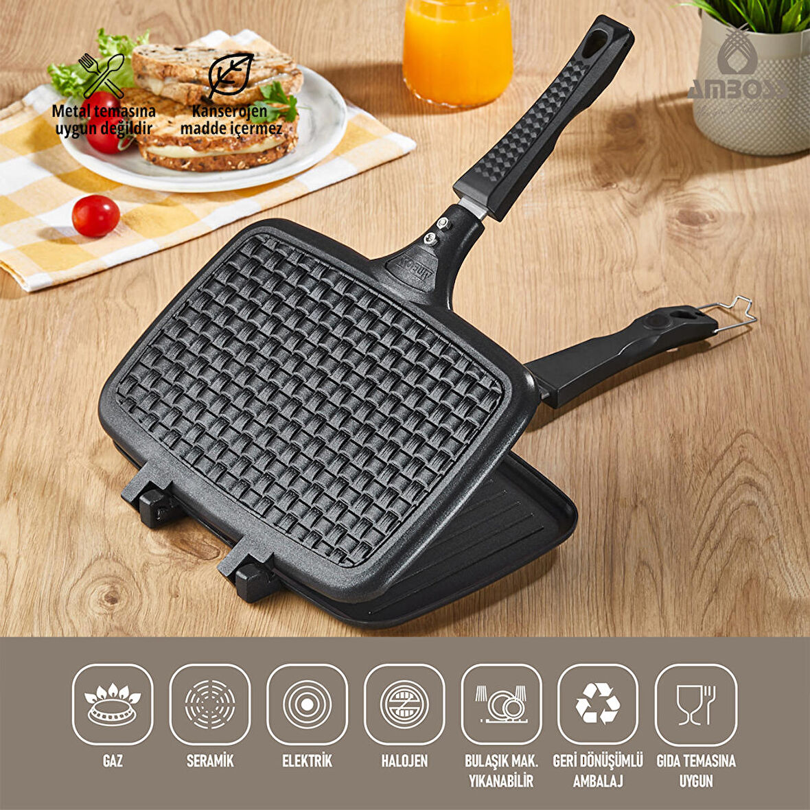 Ambos KUV-0274 Kuvars Ocak Üstü Döküm El Tost Makinesi Siyah