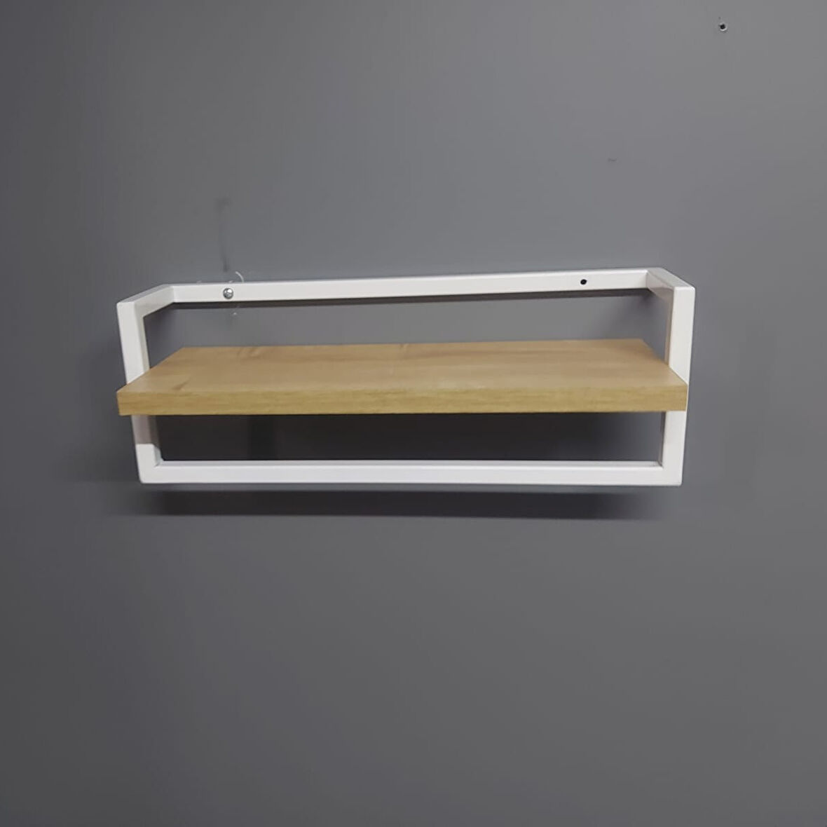 Defne Banyo Ahşap Raflı Beyaz Metal Havlu, Şal Askılık Meşe Raf