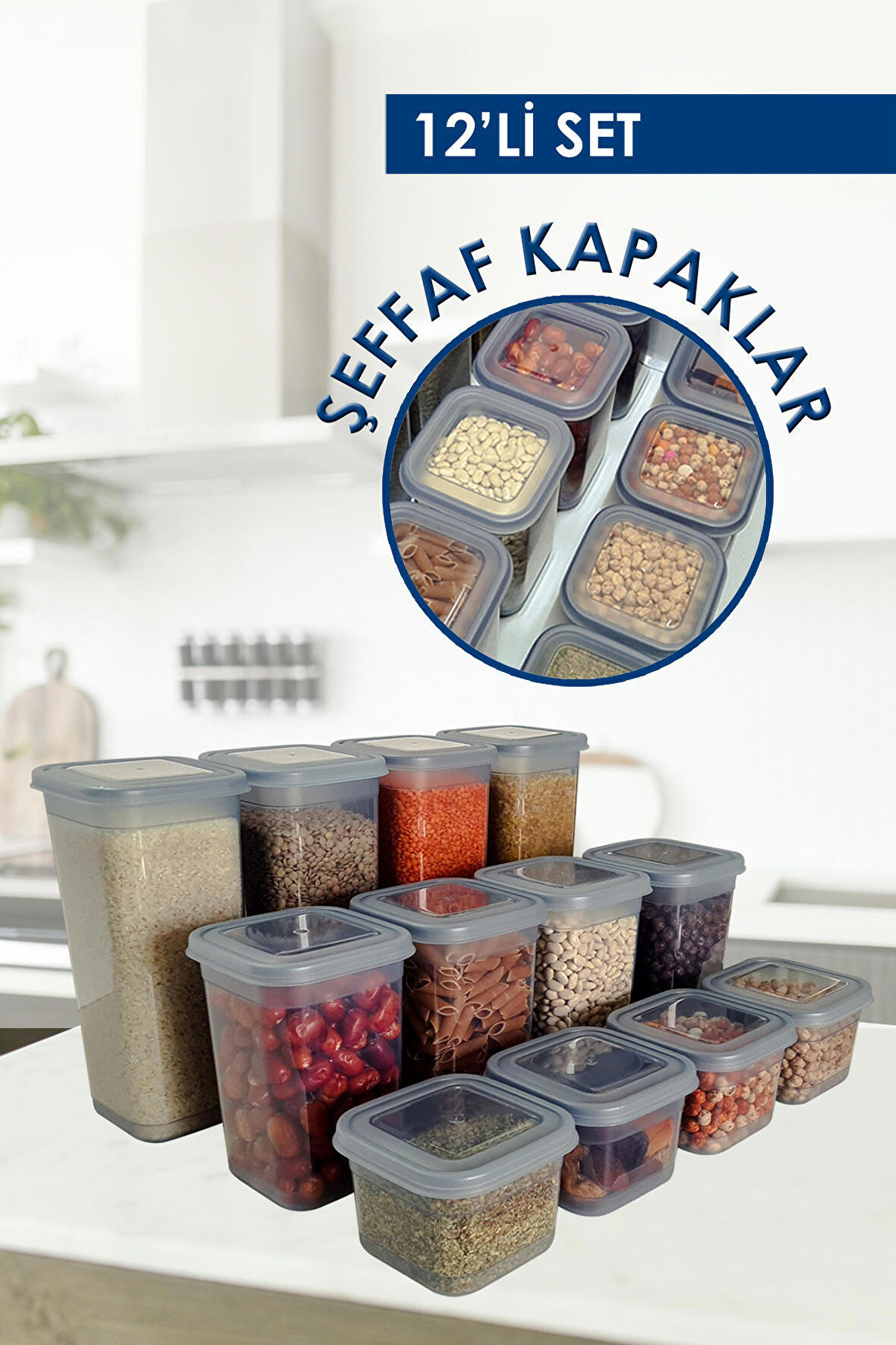 Deftion Kare 12'li Erzak Saklama Kabı Kapları Seti Plastik Kutusu Mutfak Düzenleme Un Bakliyat Food Storage