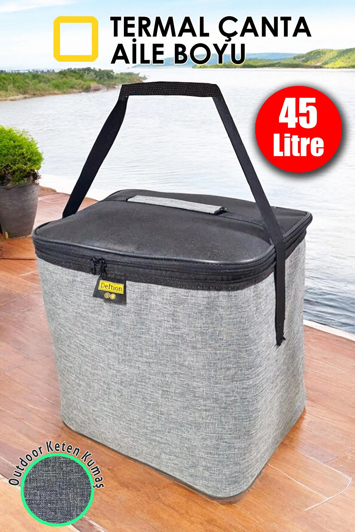 Deftion 45 Litre Termoslu Kamp Piknik Ve Plaj Çantası Termal Isı Yalıtımlı Keten Sıcaktan Koruyan Çanta Gri