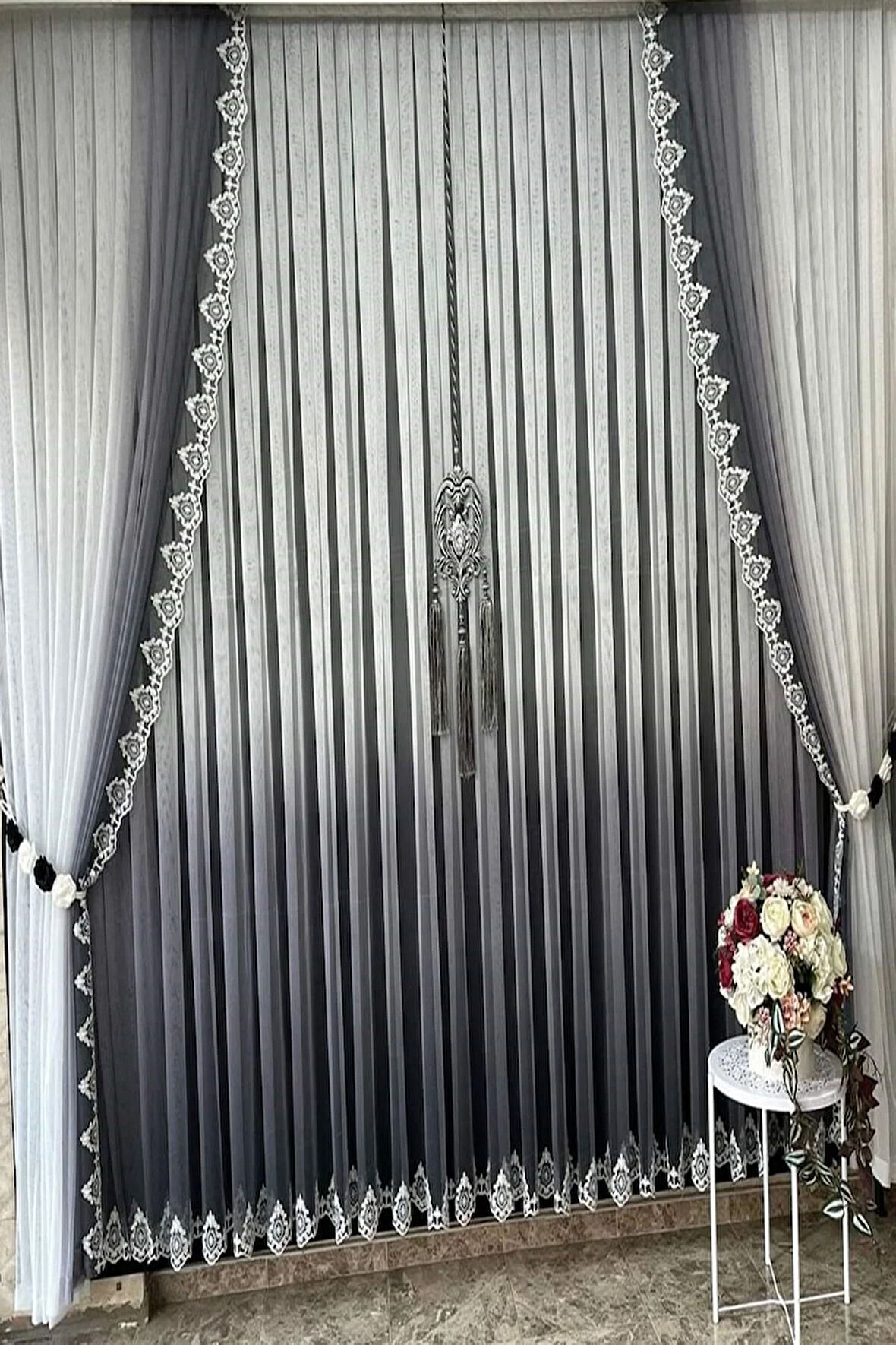 Gri Antrasit Degrade Renk Geçişli Etek Nakışlı Tül Fon Takım