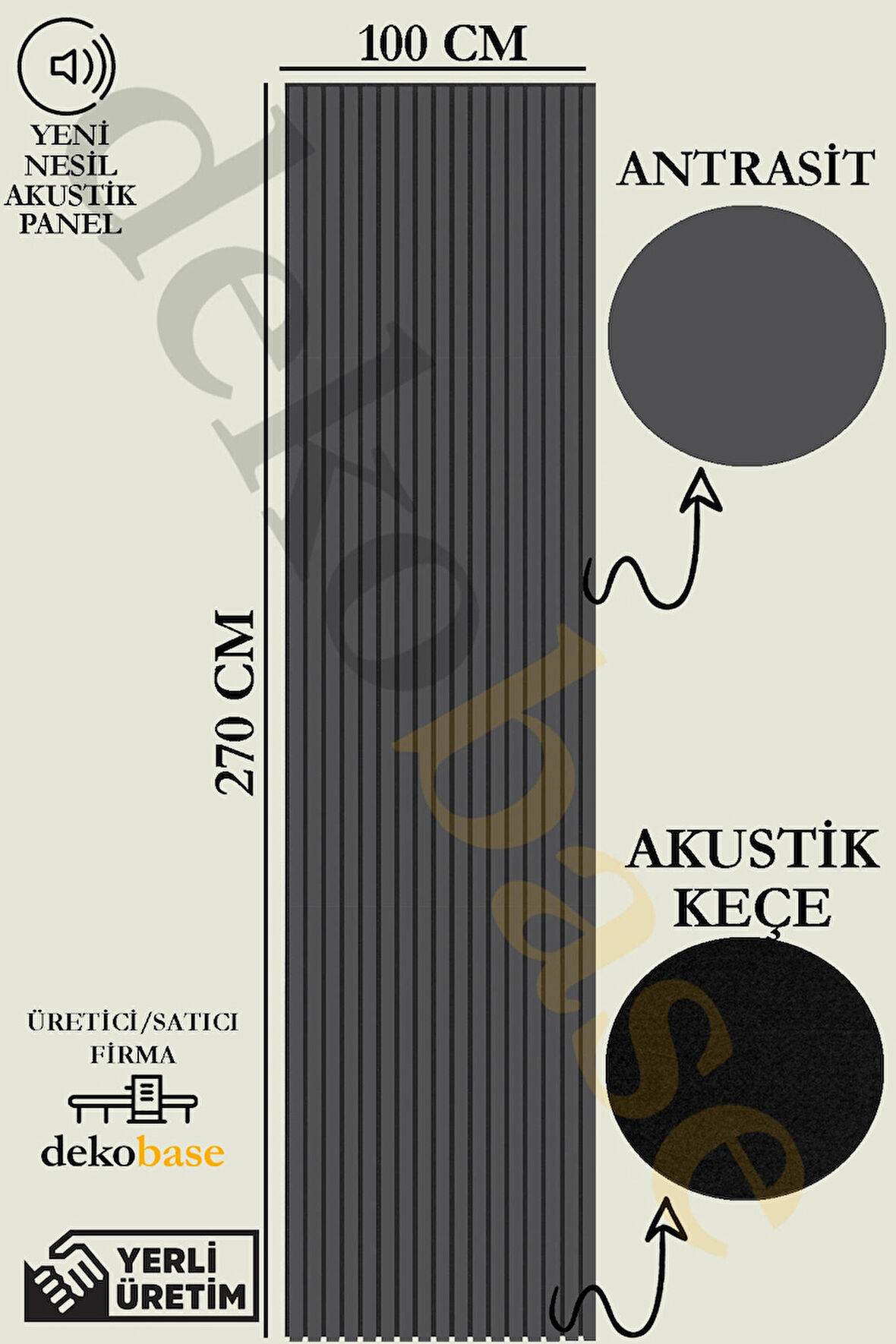 Antrasit Renk 100x270cm Yeni Nesil Akustik Duvar Paneli