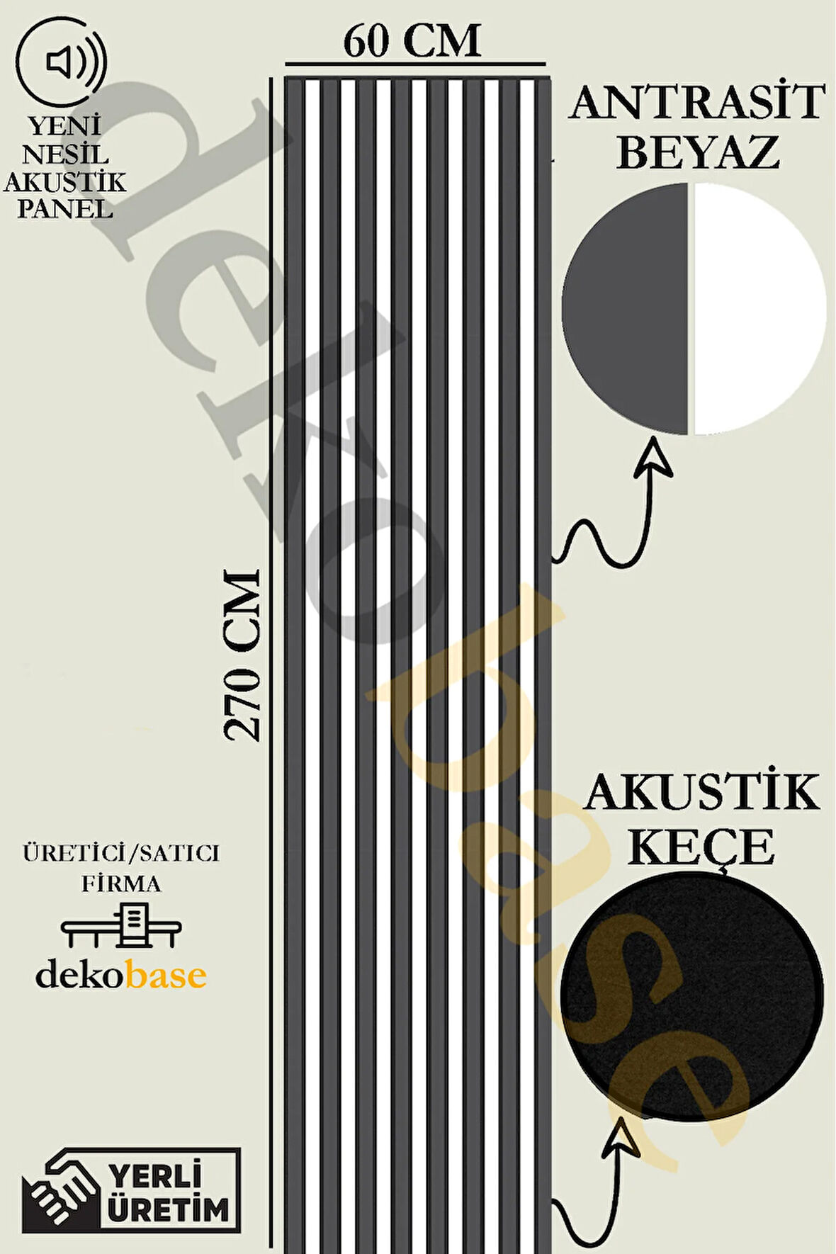 Antrasit-Beyaz 60x270 cm Yeni Nesil Akustik Ahşap Duvar Paneli