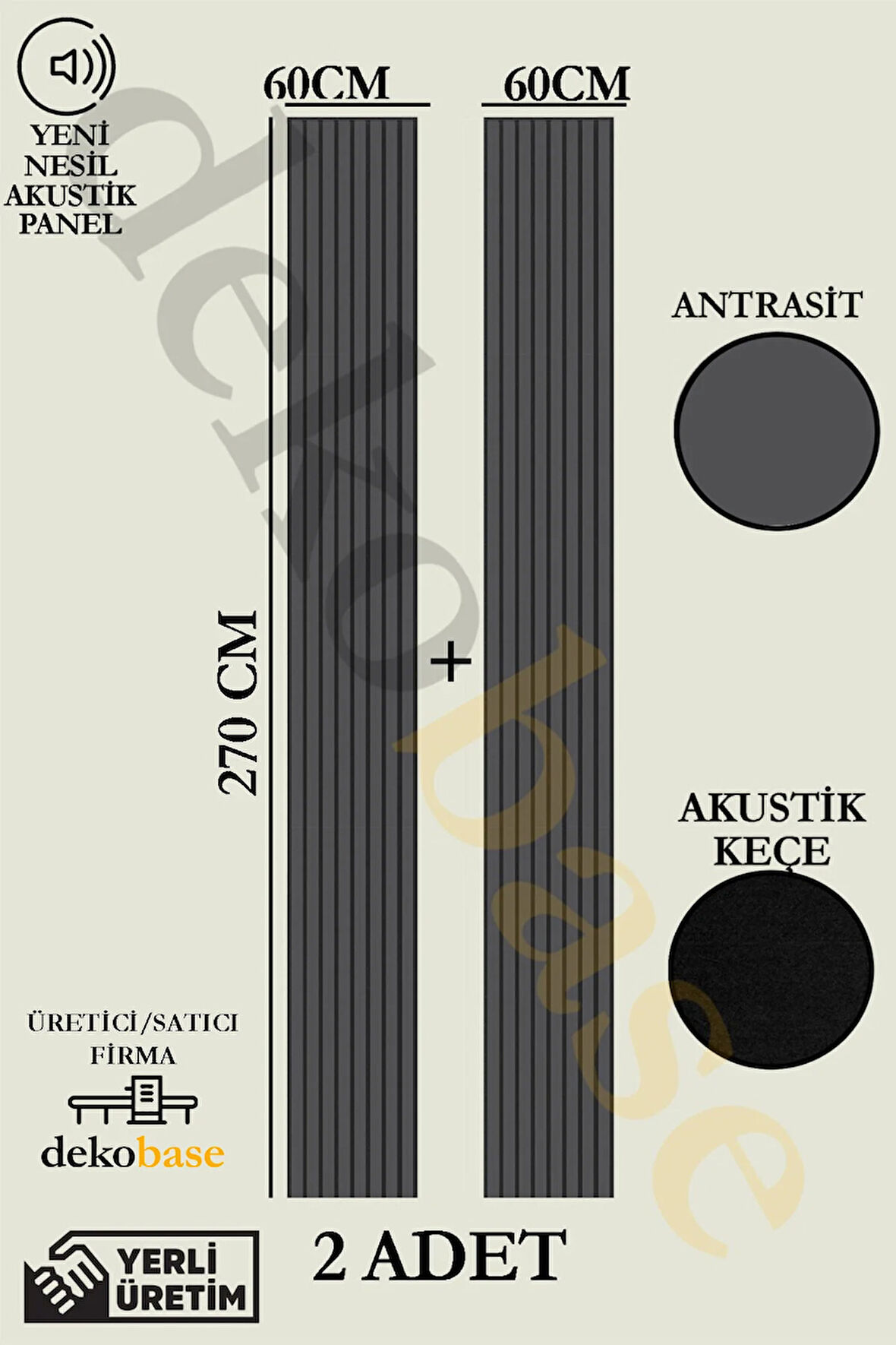 Antrasit (2 ADET) 60x270 cm Yeni Nesil Akustik Ahşap Duvar Paneli
