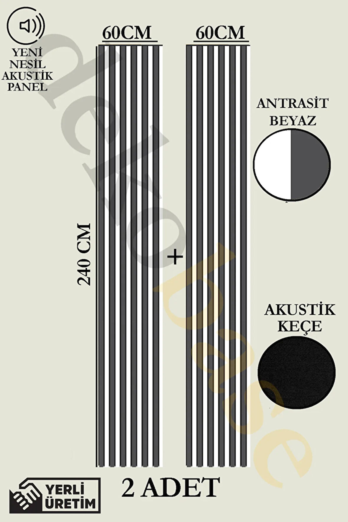 Antrasit-beyaz (2 ADET) 60x240cm Yeni Nesil Akustik Ahşap Duvar Paneli