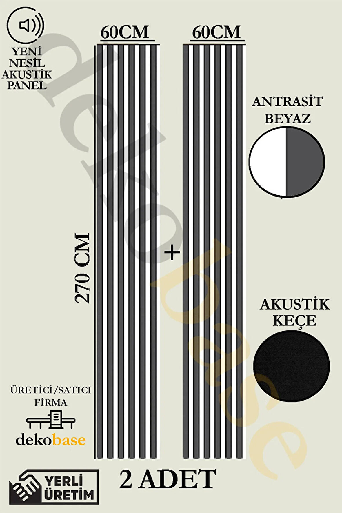 Antrasit-Beyaz (2 ADET) 60x270 cm Yeni Nesil Akustik Ahşap Duvar Paneli