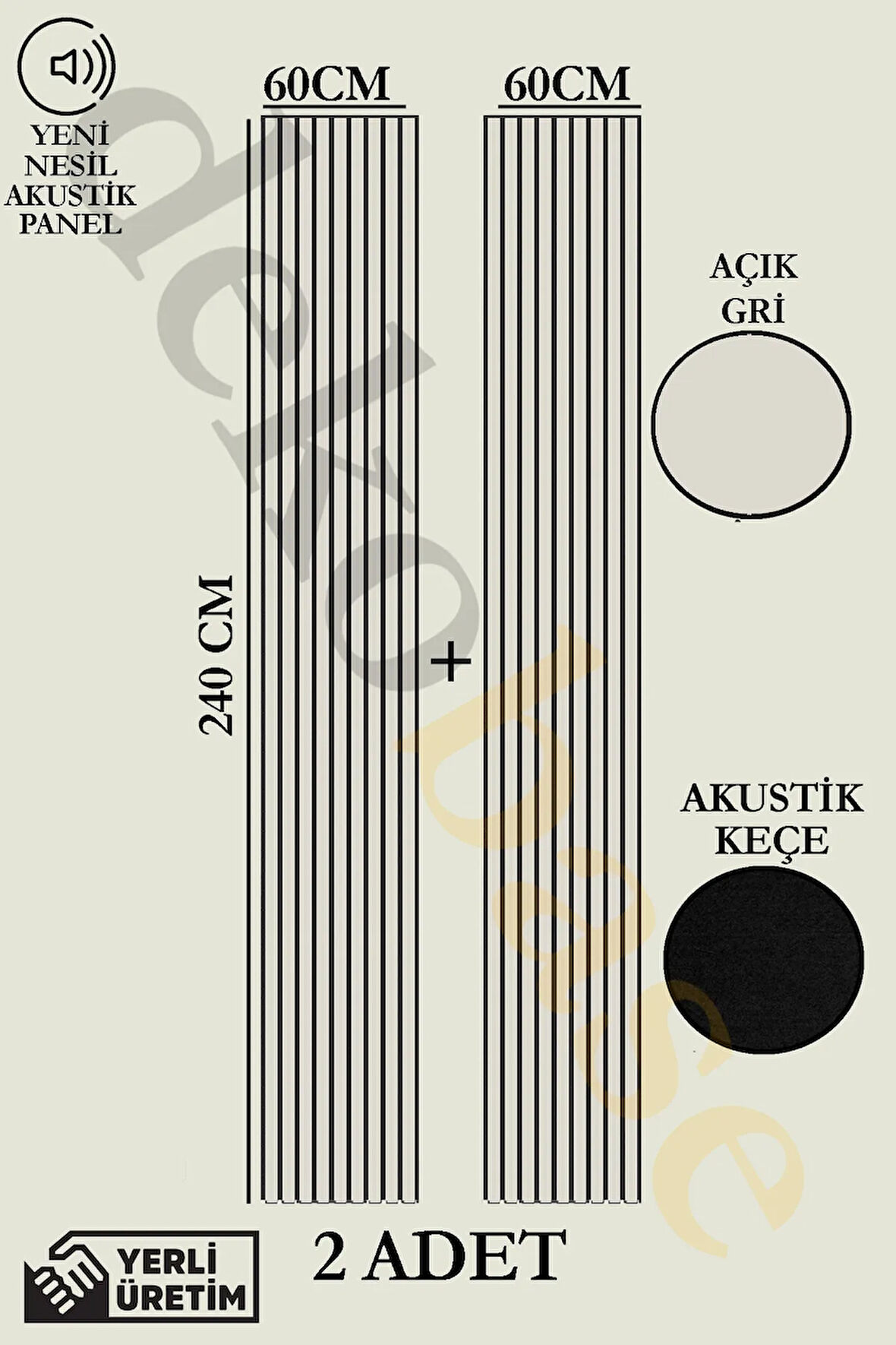 Açık Gri (2 ADET) 60x240cm Yeni Nesil Akustik Ahşap Duvar Paneli