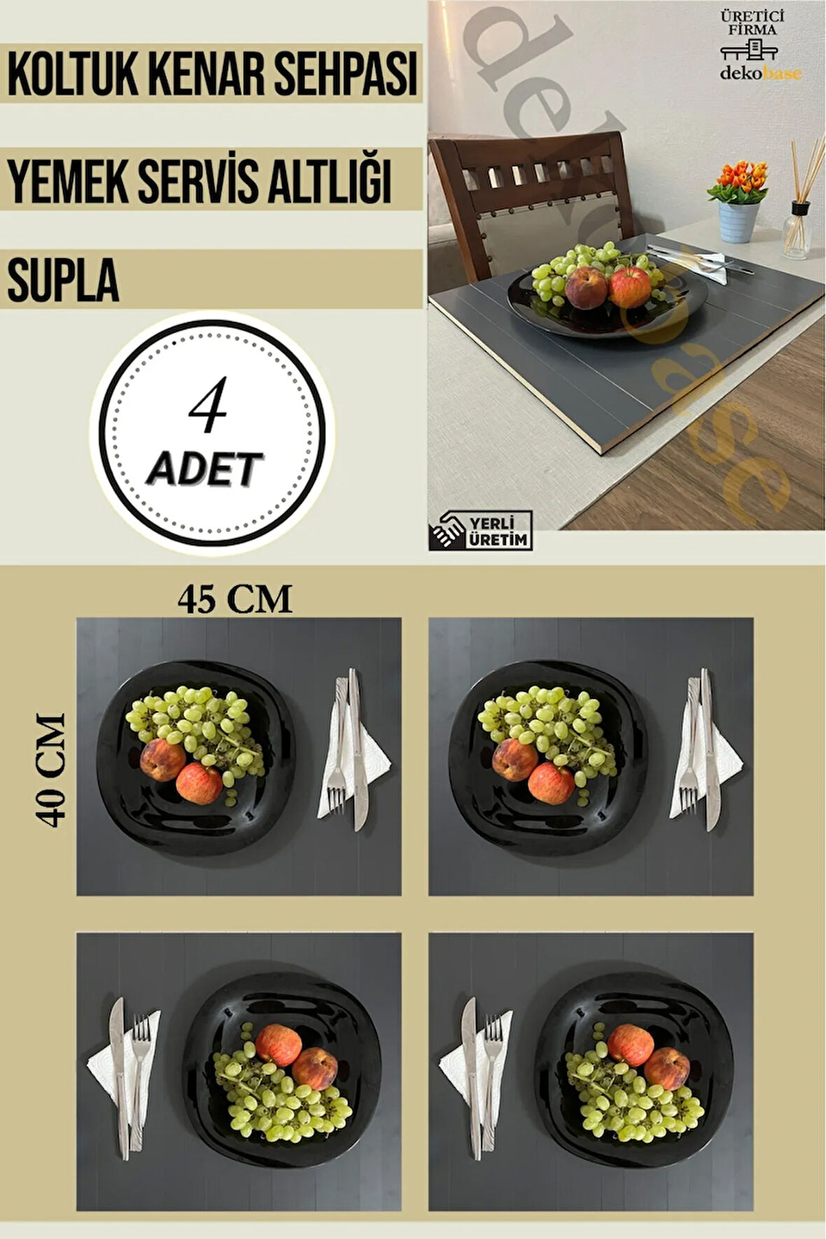 Antrasit (4 ADET) Çok Amaçlı Koltuk Kenar Sehpası, Supla, Yemek Servis Altlığı