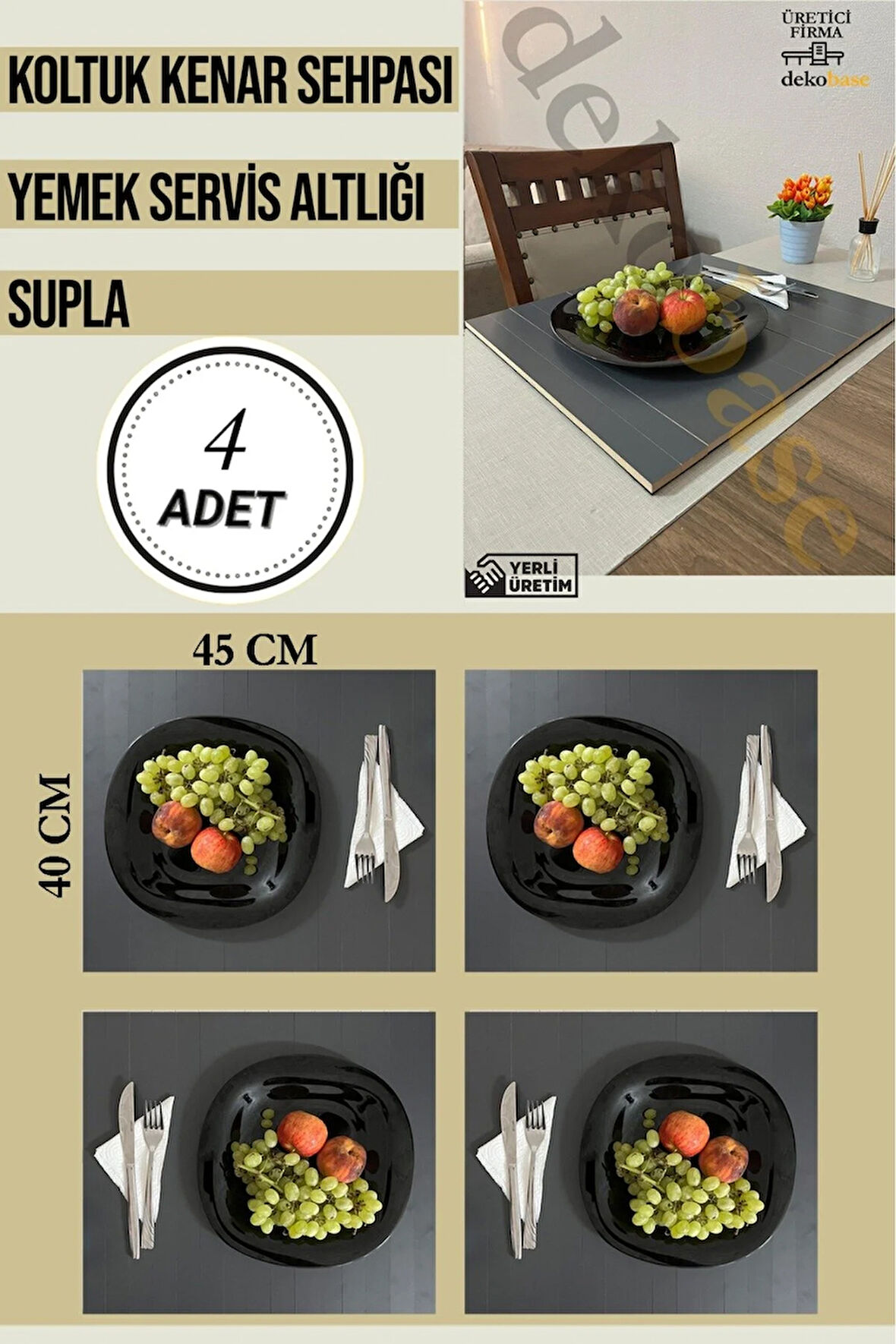 Antrasit (4 ADET) Çok Amaçlı Koltuk Kenar Sehpası, Supla, Yemek Servis Altlığı