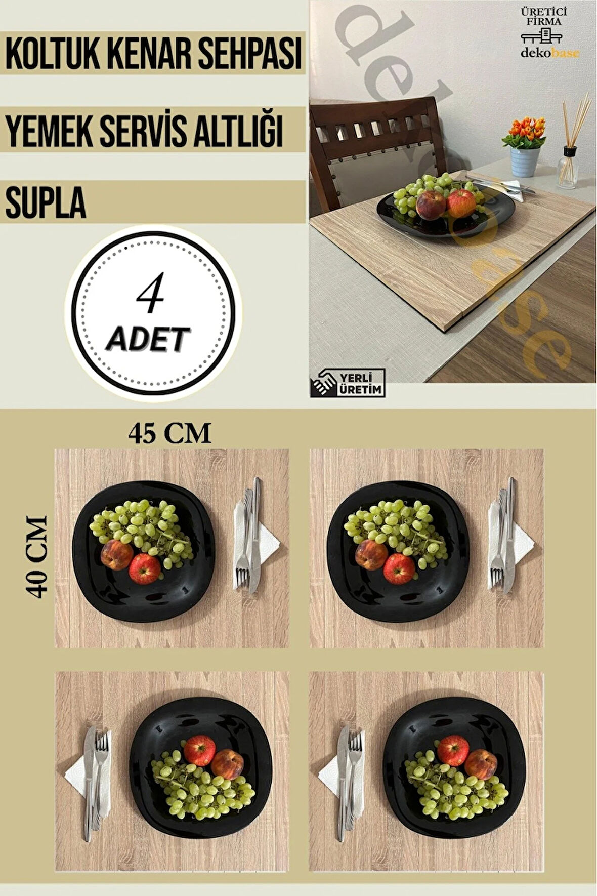 Meşe (4 ADET) Çok Amaçlı Koltuk Kenar Sehpası, Supla, Yemek Servis Altlığı