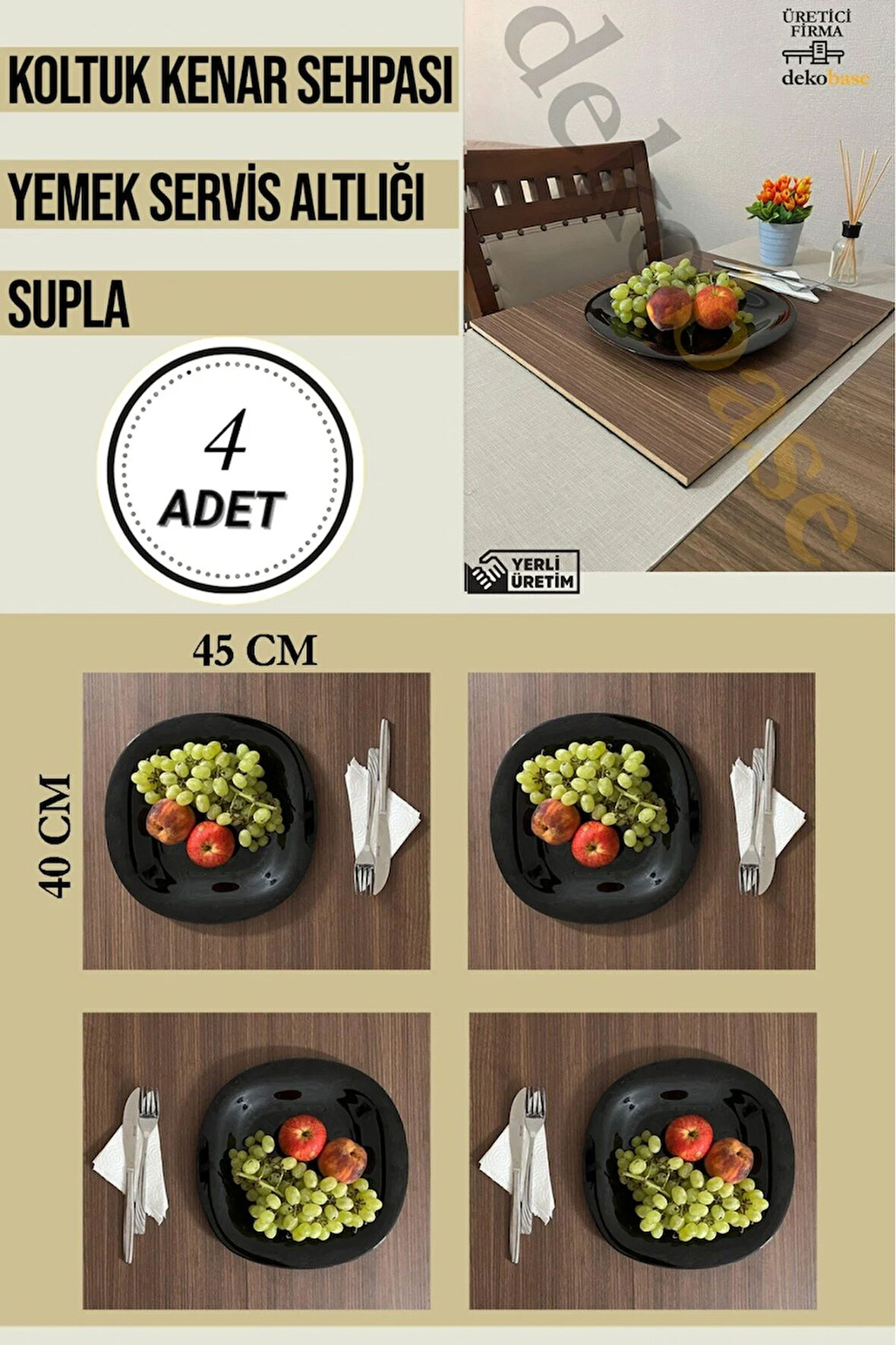 Ceviz (4 ADET) Çok Amaçlı Koltuk Kenar Sehpası, Supla, Yemek Servis Altlığı