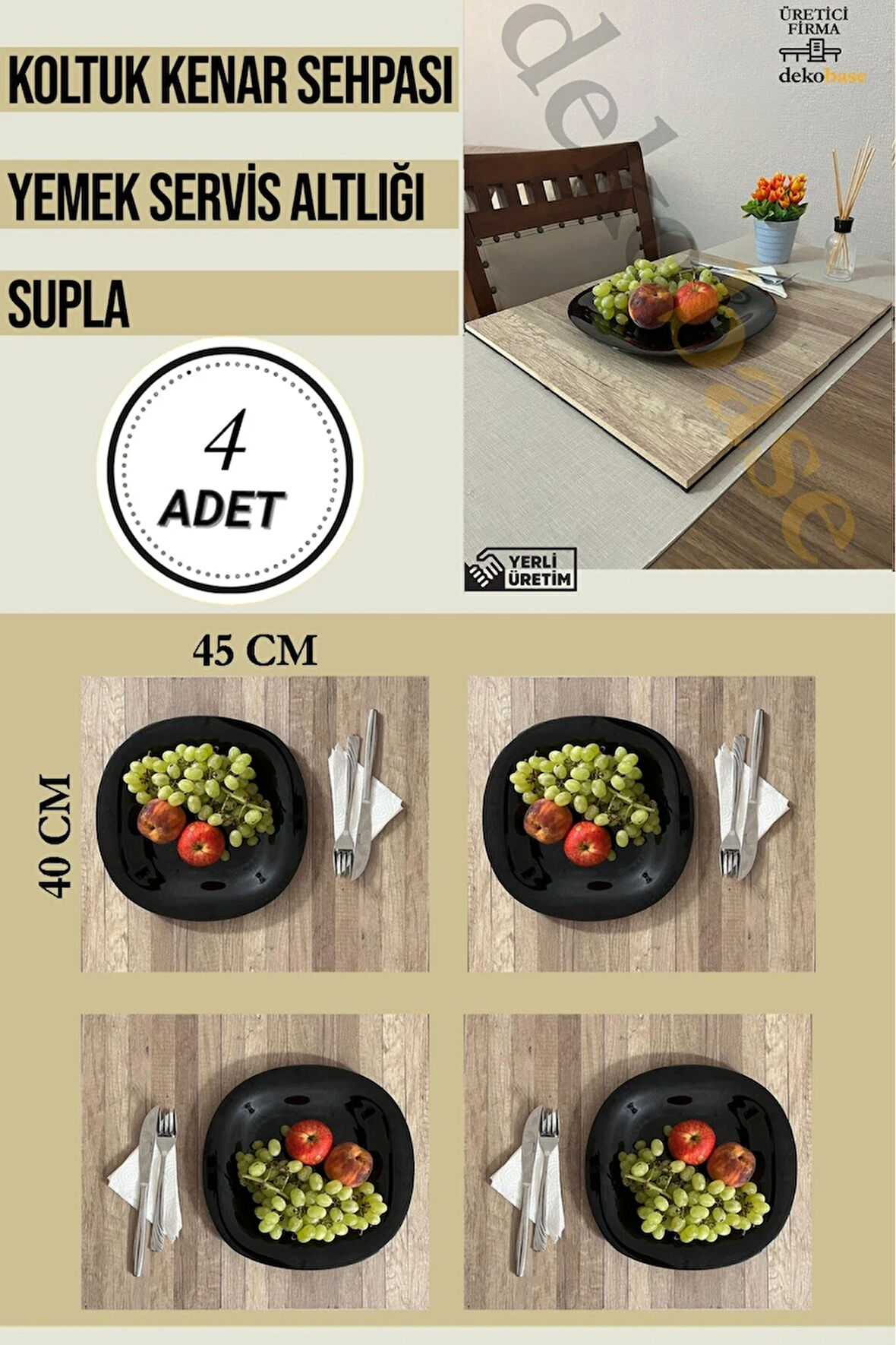 Atlantik Çam (4 ADET) Çok Amaçlı Koltuk Kenar Sehpası, Supla, Yemek Servis Altlığı