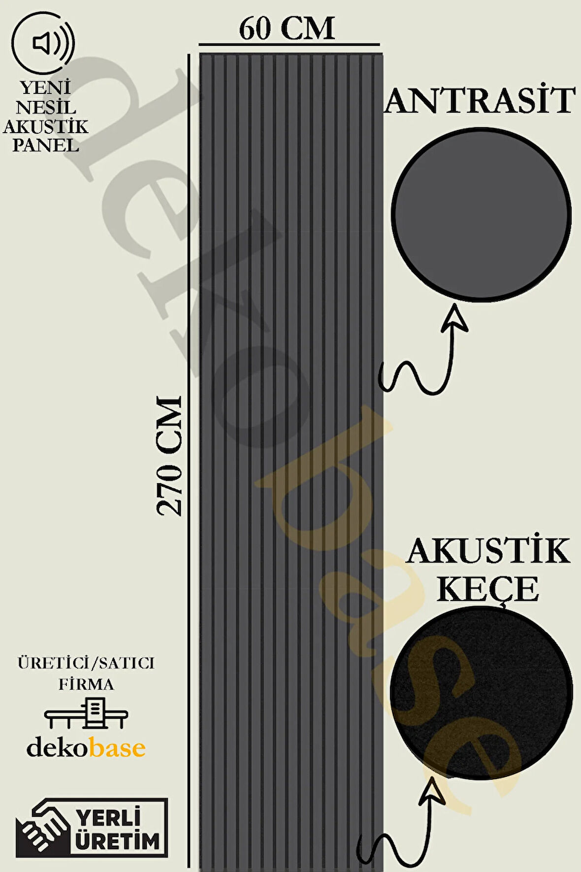 Antrasit 60x270 cm Yeni Nesil Akustik Ahşap Duvar Paneli