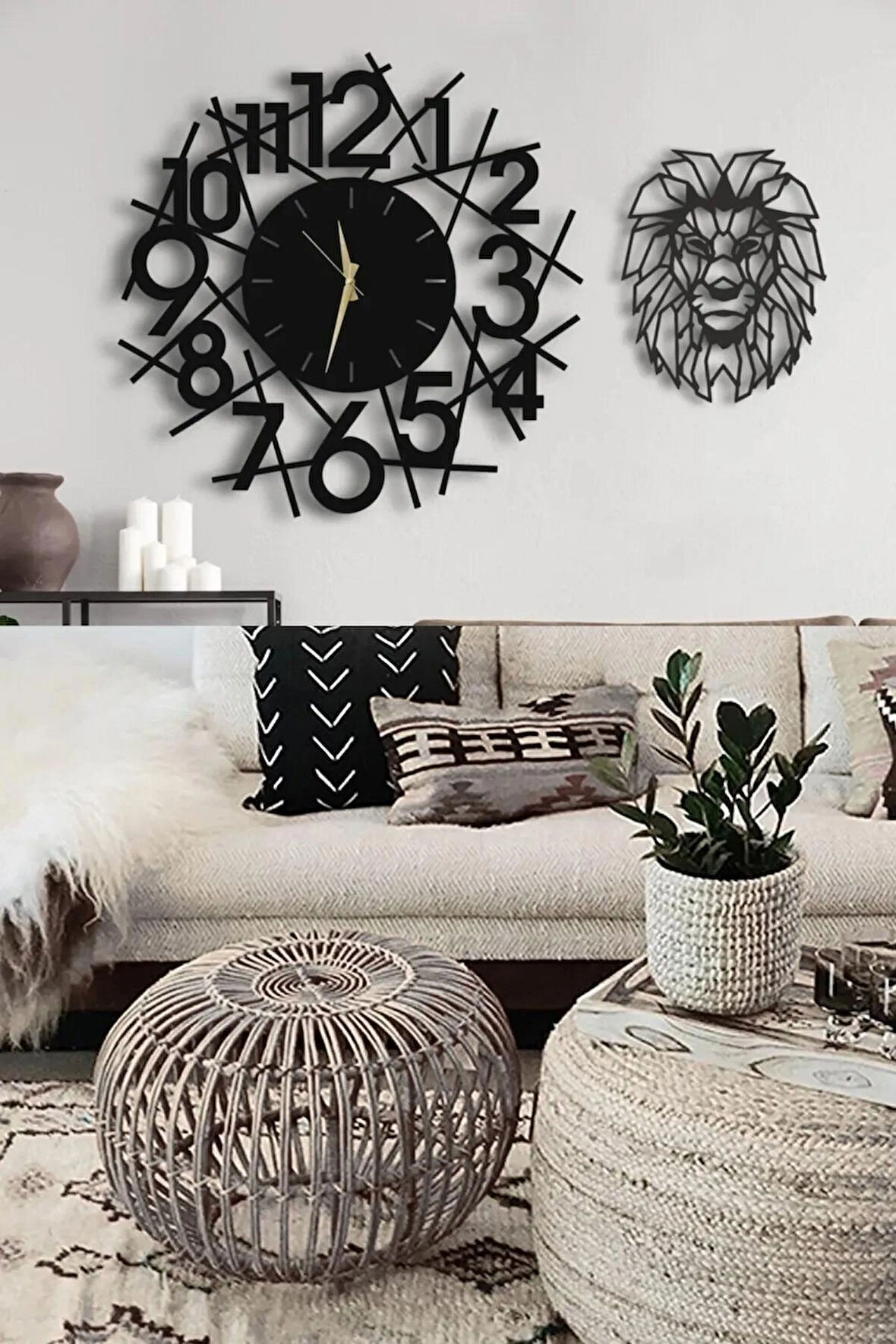 Çizgili Rakamlı Dekoratif Duvar Saat+Aslan dekor
