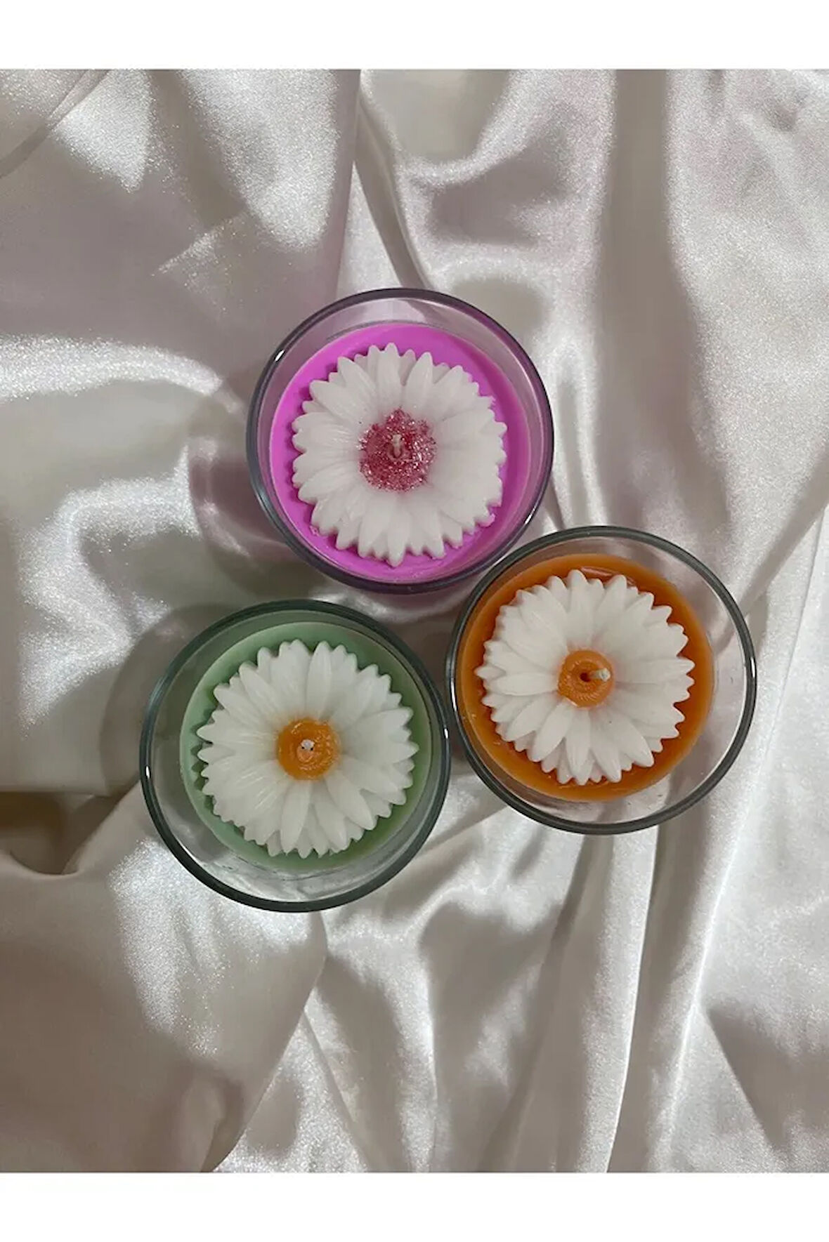 3 Adet Kokulu Soya Wax Papatya Dekorlu Cam Bardak Mum Seti