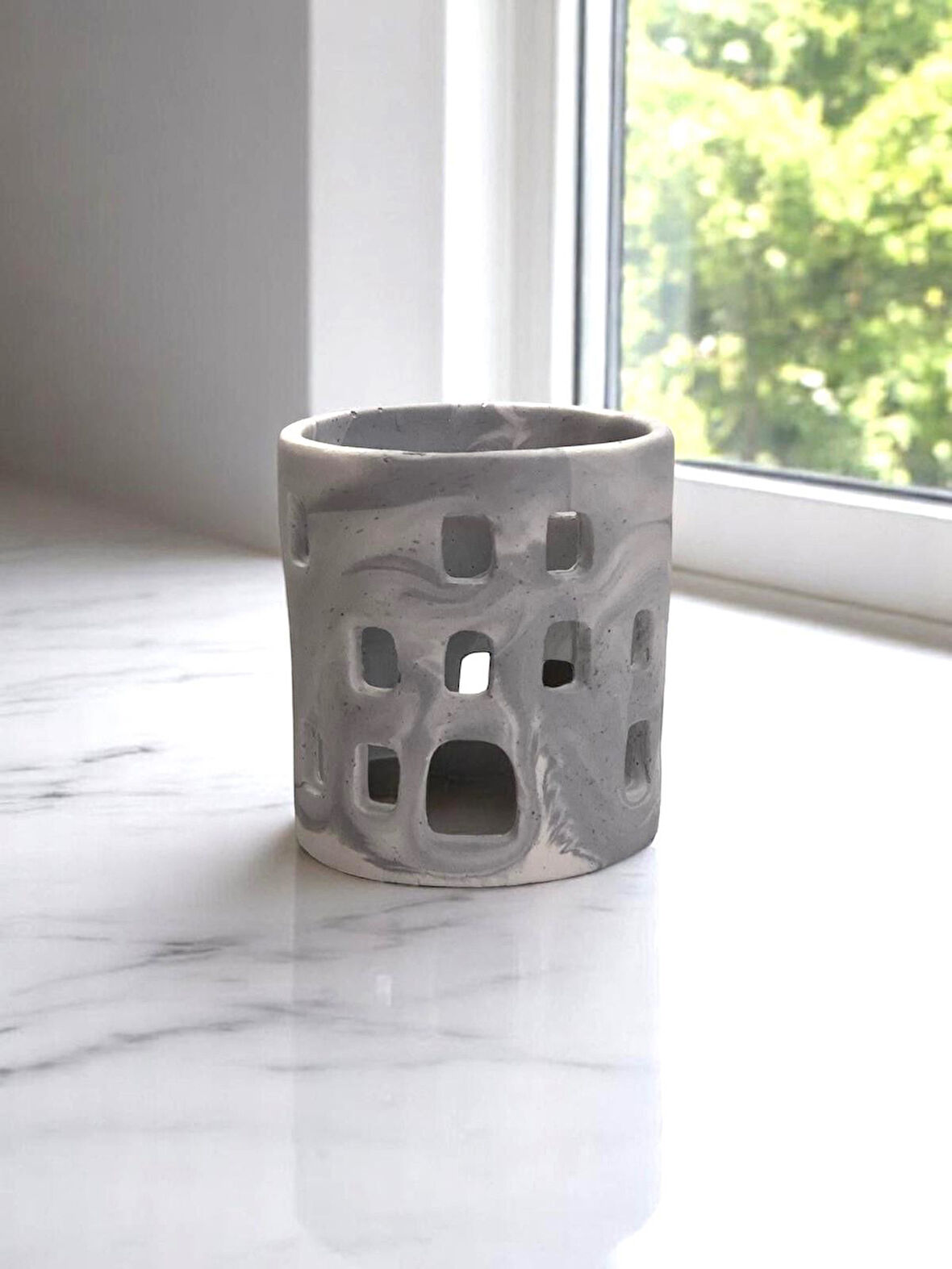 Mermer Desenli El Yapımı Beton Tealight Mumluk +4’lü MaxiTealight Kalemlik Tealightlık taş tozu