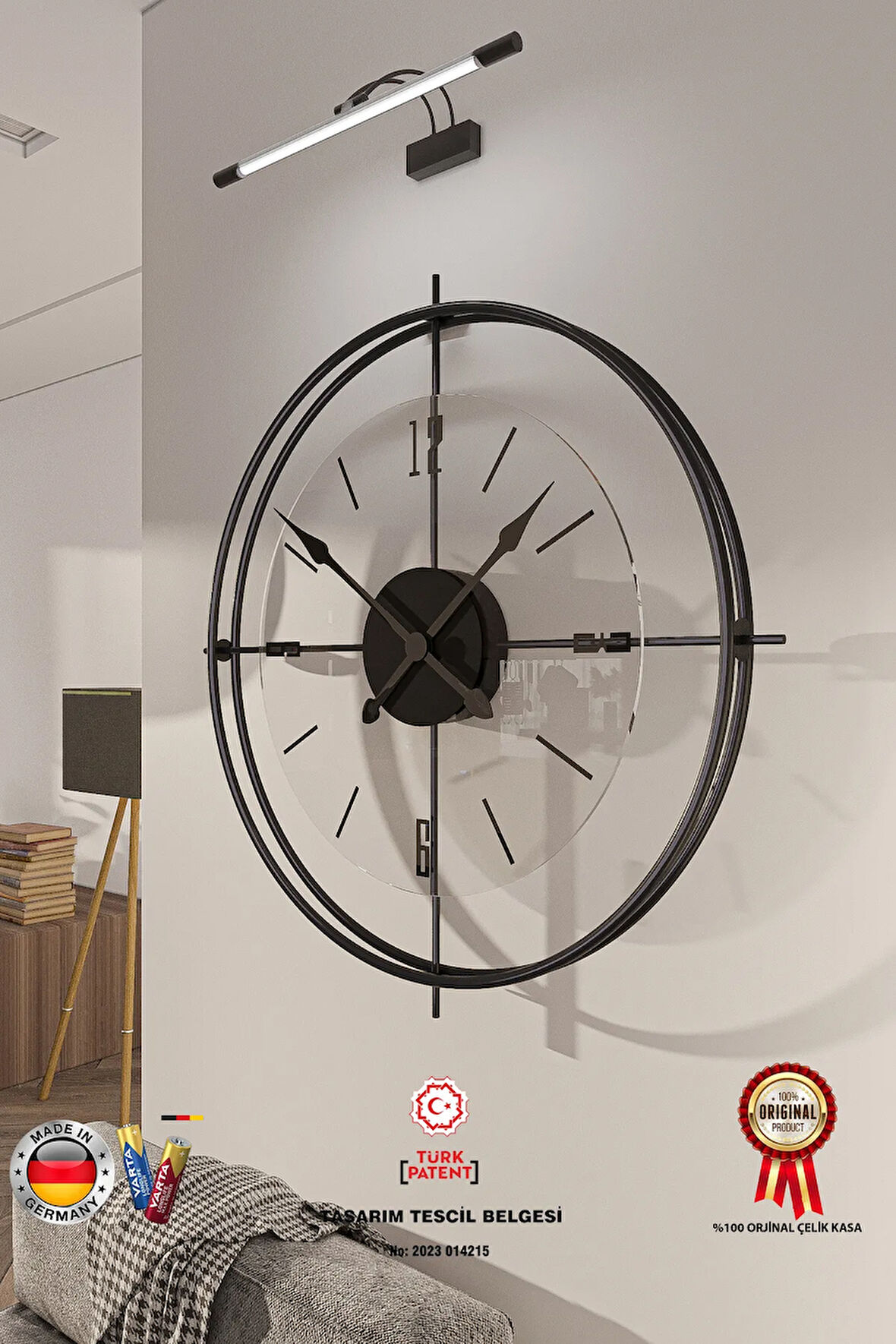 Büyük Boy Siyah Deluxe Şeffaf Cam Iskandinav (ÇİFTÇEMBER CAMLI)modern Dekoratif Camlı Duvar Saati