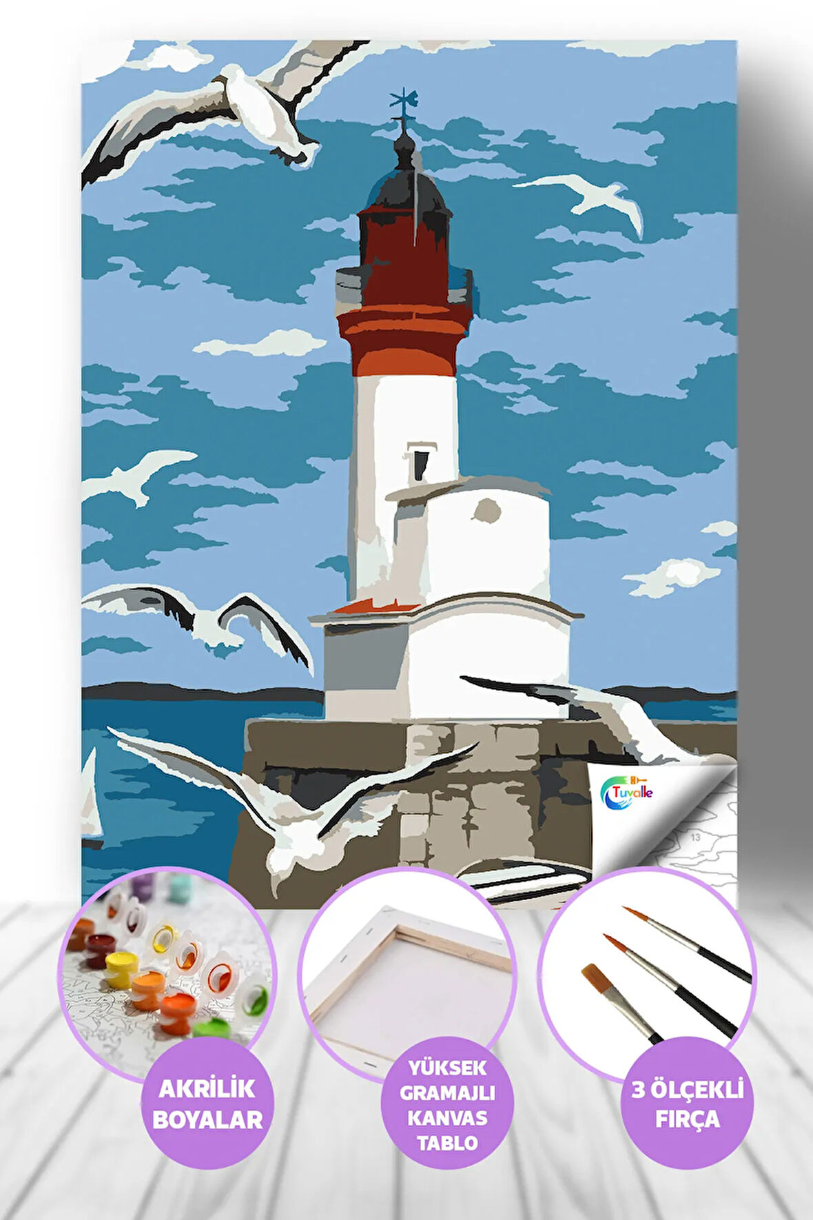 Deniz Fenerinde Rüzgar Sayılarla Boyama Seti, Hobi Seti, 40X50 Tablo, Fırça Boya, Numaralı Tuval