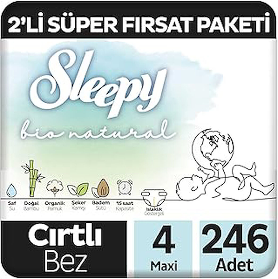 Bio Natural 2'li Fırsat Paketi Bebek Bezi 4 Numara Maxi 246 Adet