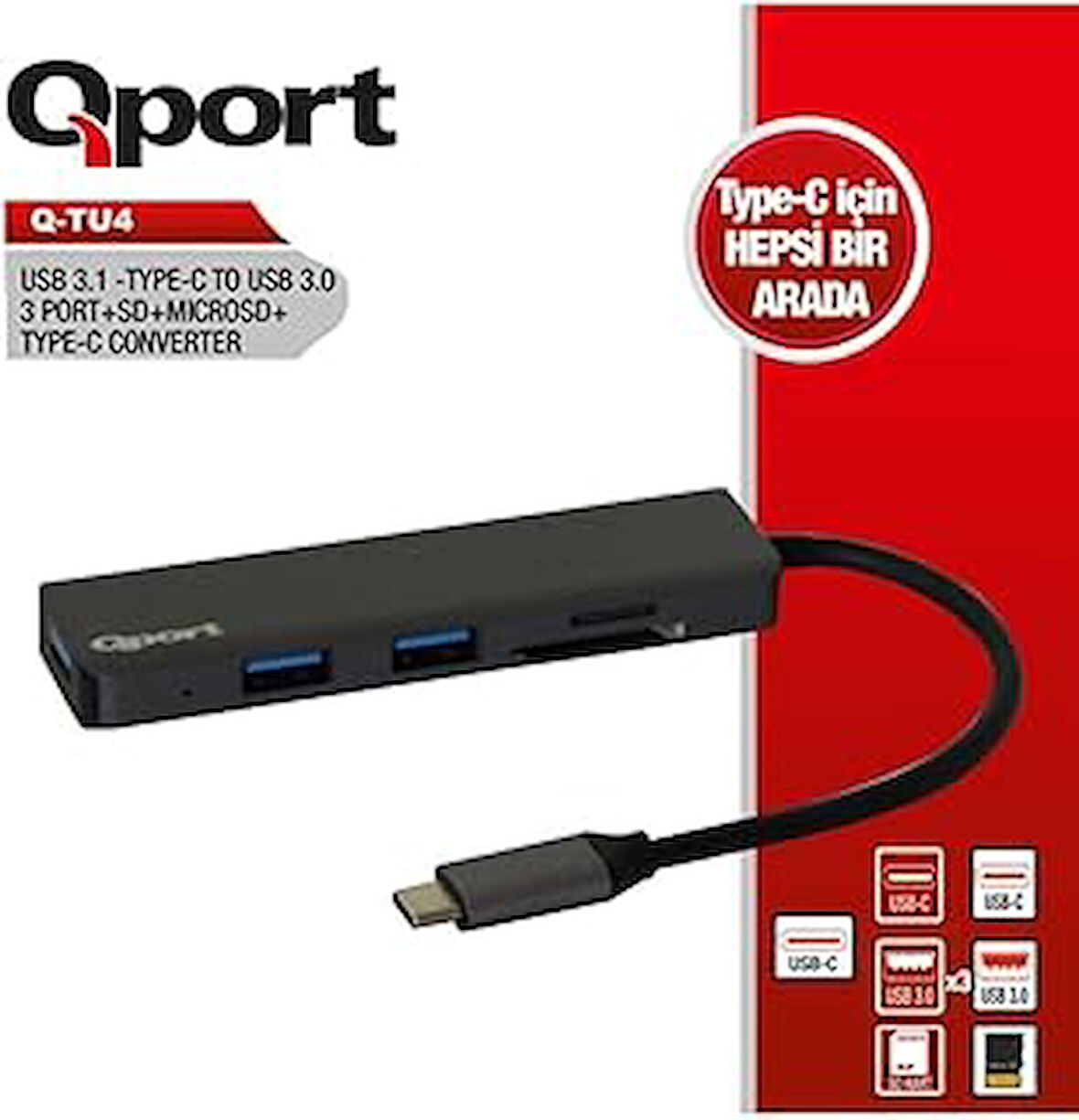 Qport-Q-Port Usb Type-C-Usb3.0+Sd+Mıcro Sd+Type-C Çev. (Q-Tu4)