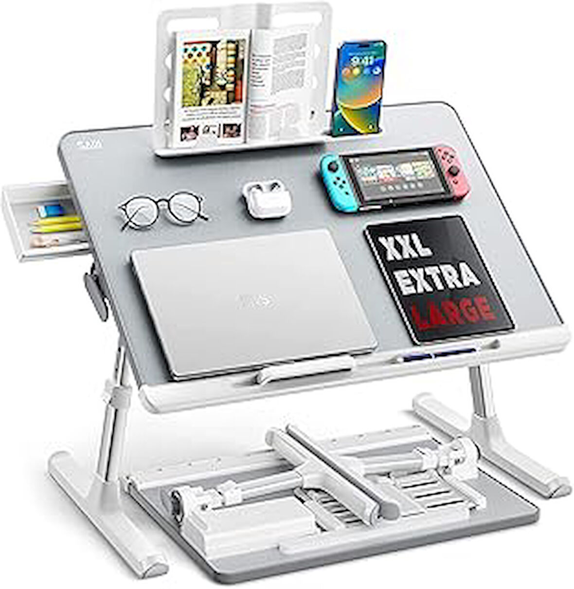 Bix SAIJI K7 Ultimate PVC Deri Çıkarılabilir Silikon Bölmeli Depolama Çekmeceli Ayarlanabilir Katlanır Dizüstü Yatak Masası, Laptop Çalışma Masası, Çıkarılabilir Kitaplık Gümüş
